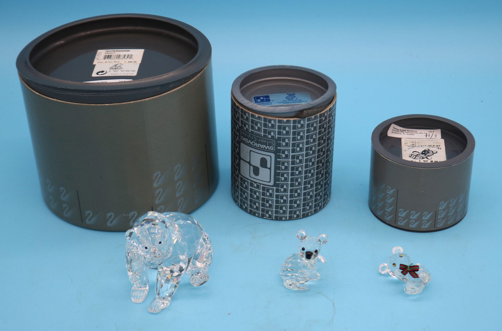 3 SWAROVSKI CRYSTAL BEAR FIGURES WITH ORIGINAL: CONTAINERS, 3/4" - 3" H, 1 1/4" - 3 1/2" W