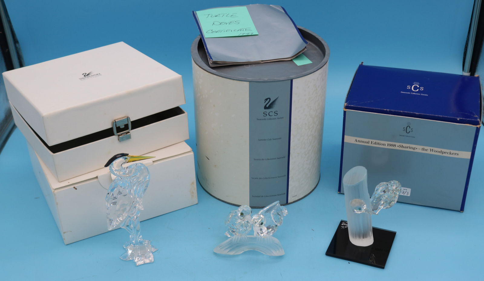 3 SWAROVSKI CRYSTAL BIRD FIGURES, STORK, TURTLE: DOVES, WOOD PECKERS, ORIGINAL BOXES, 3" - 6" H, 3" - 3 1/2" W, STORK BOX HAD FORM REMOVED DUE TO DETERIORATION