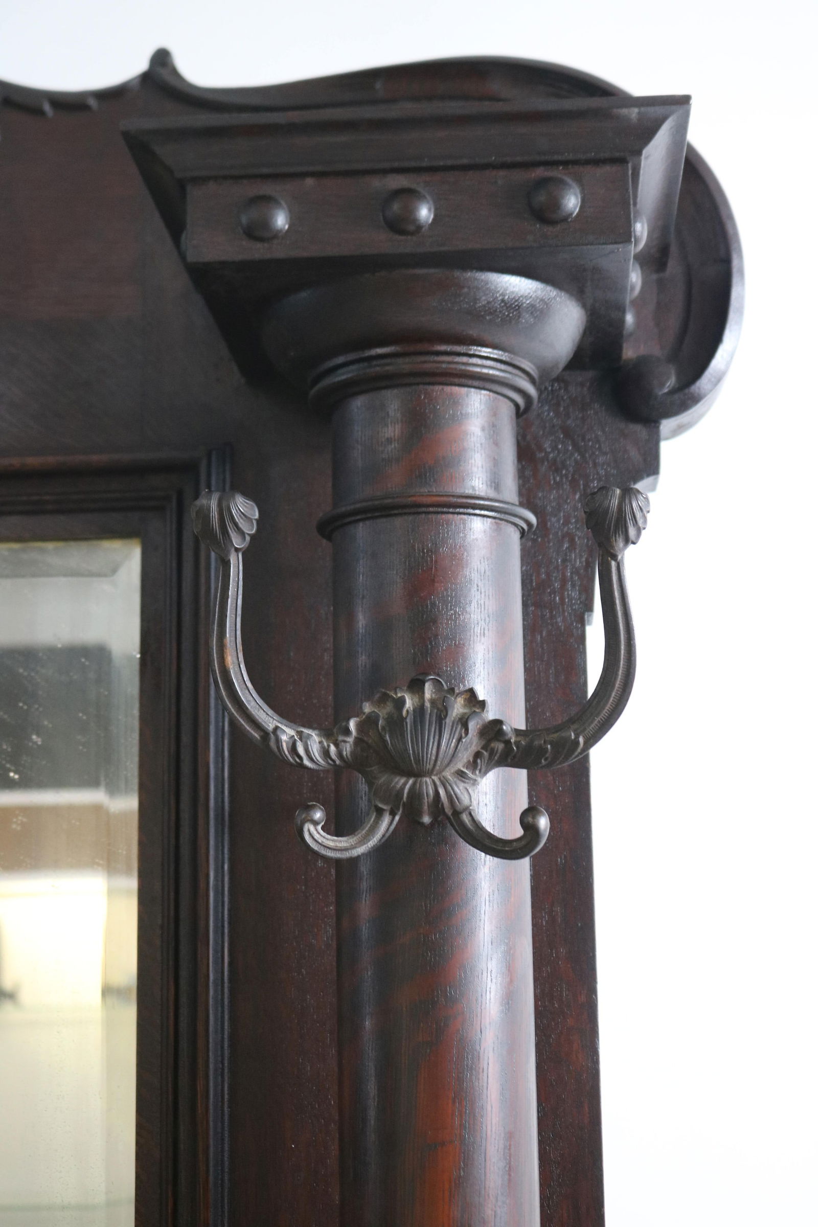 VICTORIAN QUARTERED OAK HALL TREE, SHAPED TOP - 2