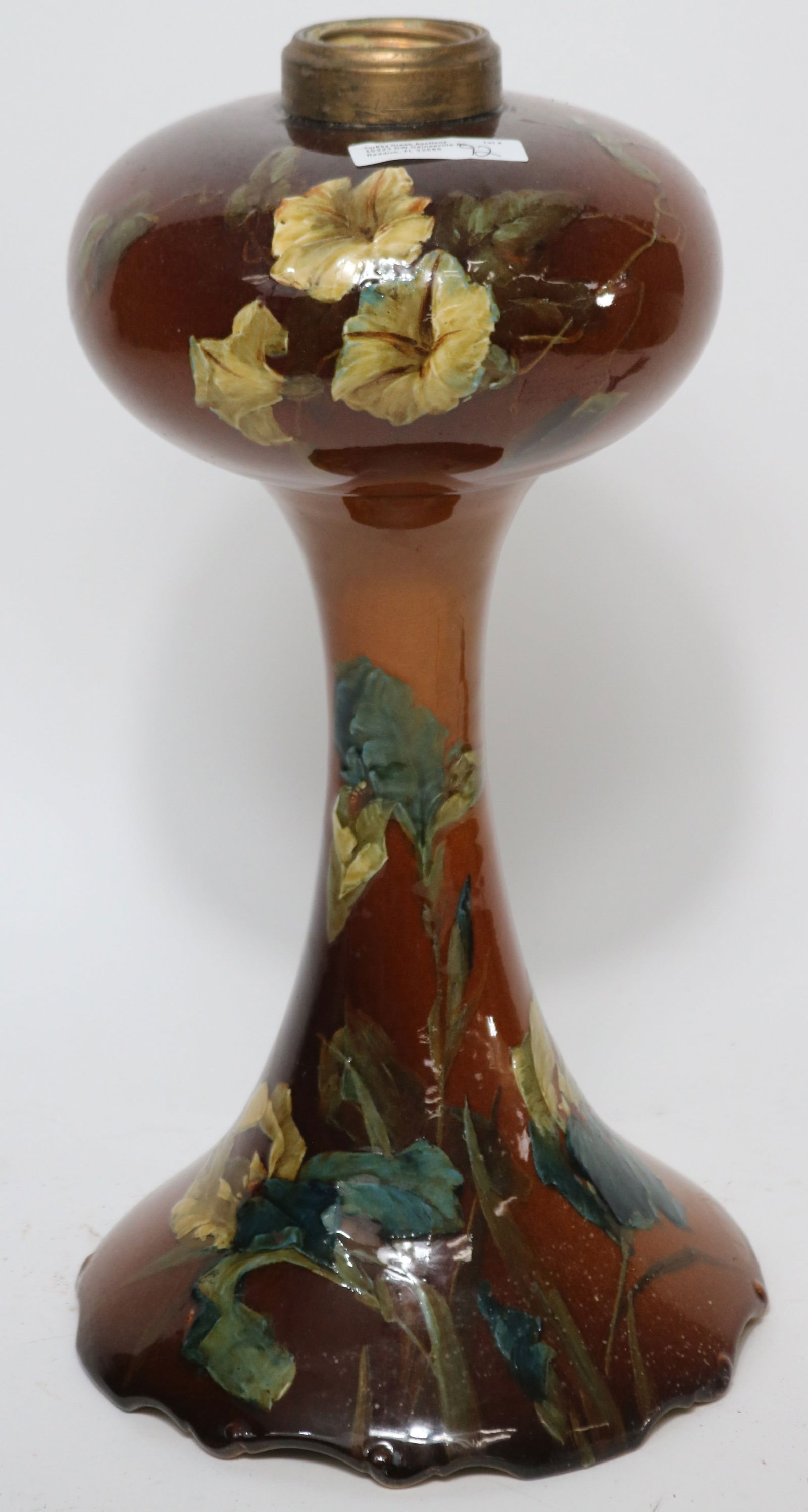 STANDARD GLAZE ART POTTERY LAMP BASE, FLORAL: DESIGNS, 15" H, PROBABLY FRENCH, NO DAMAGE