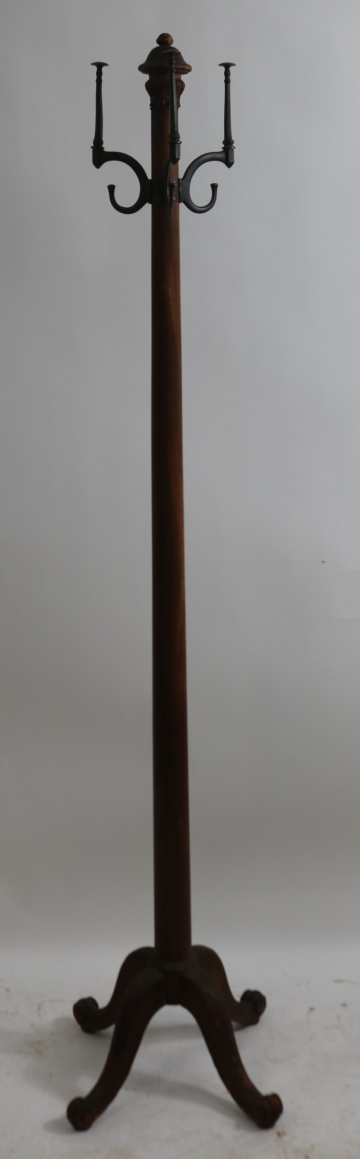 VICTORIAN WALNUT COAT TREE, CARVED TOP & LEGS,: ORIGINAL NATURAL FINISH, ORIGINAL HOOKS, 70 1/2" H, 15" X 16" AT BASE, MINOR ROUGHAGE