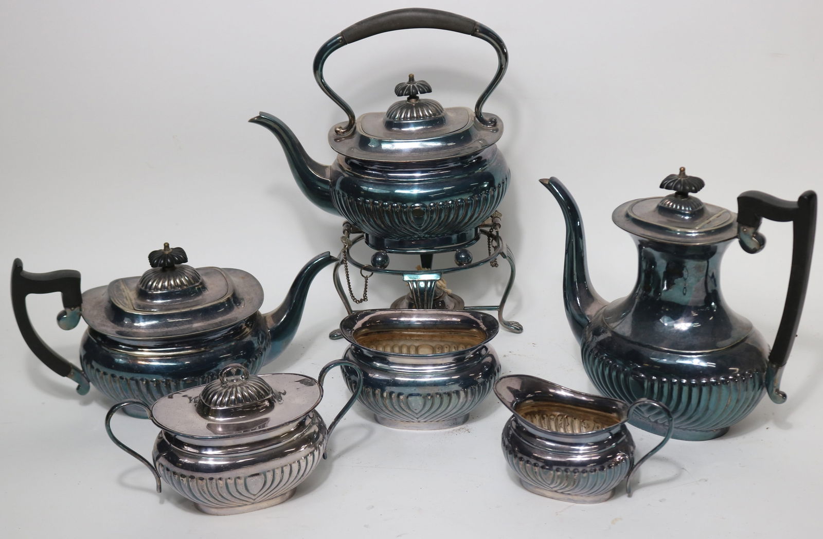 6 PCS. SHEFFIELD SILVER PLATED TEA SET, KETTLE ON (1 of 1)