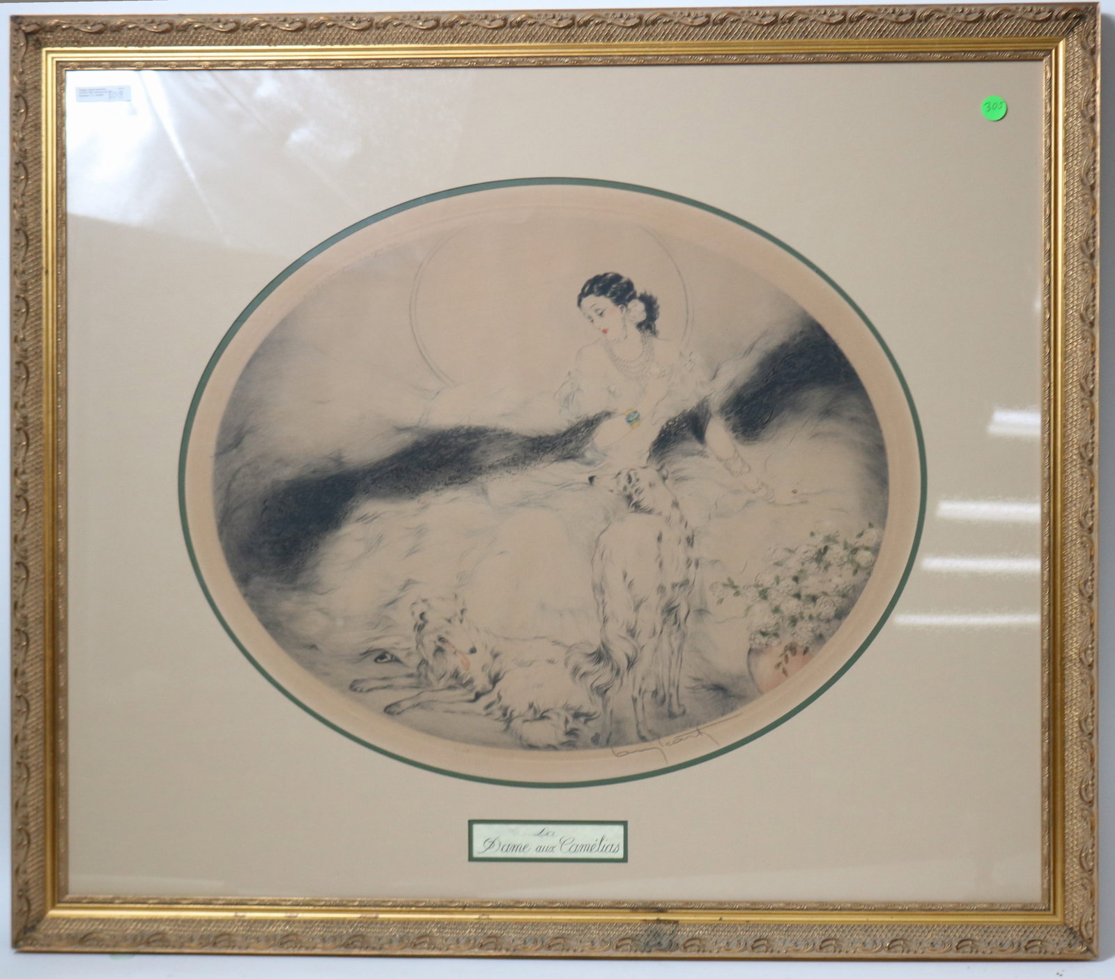 LOUIS ICART, 1888-1950, "L DAME AUX CAMELIAS": COLORED ENGRAVING, PENCIL SIGNED, EMBOSSED WINDMILL, 18" X 21 1/2" SIGHT, 28 1/2" X 32 3/4" OVERALL, MODERN GILT FRAME