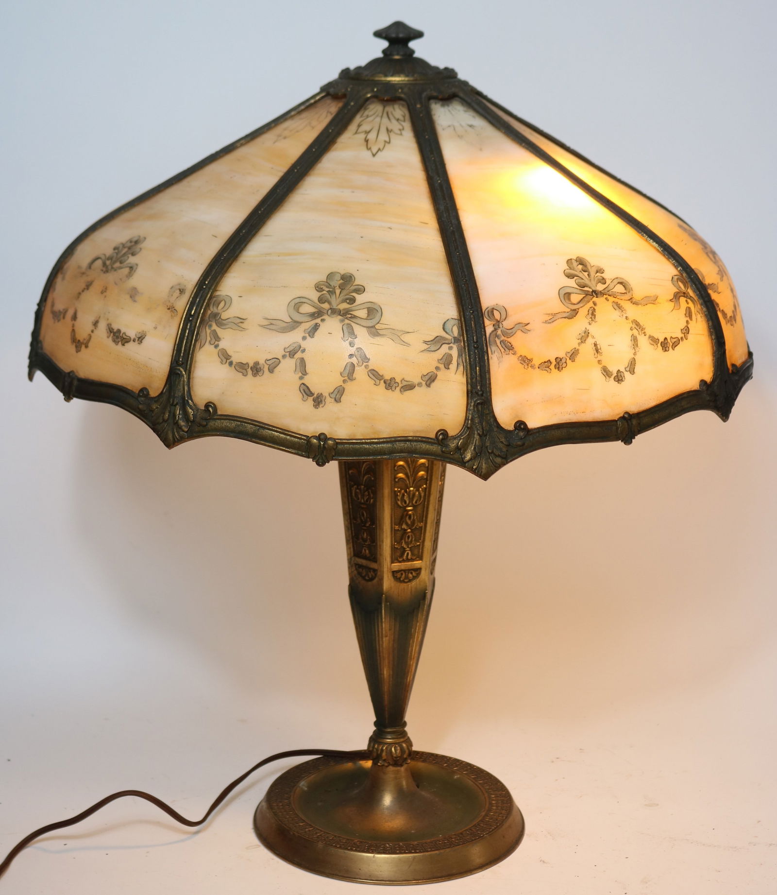 CARMEL SLAG GLASS LAMP, BENT & PAINTED PANELS, (1 of 2)