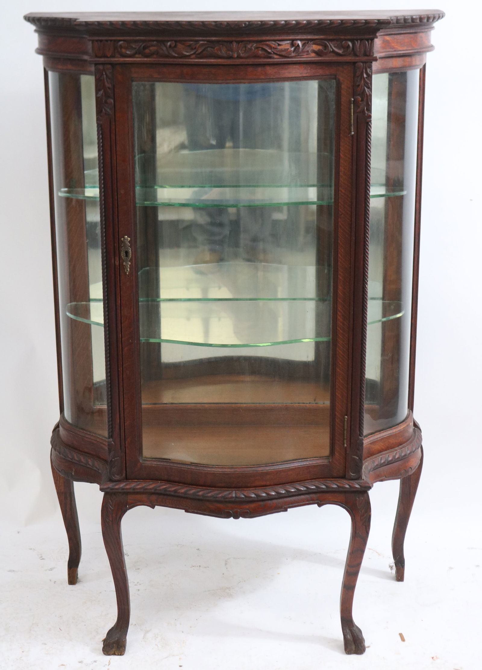 ORNATELY CARVED VICTORIAN OAK CURIO CABINET, (1 of 3)
