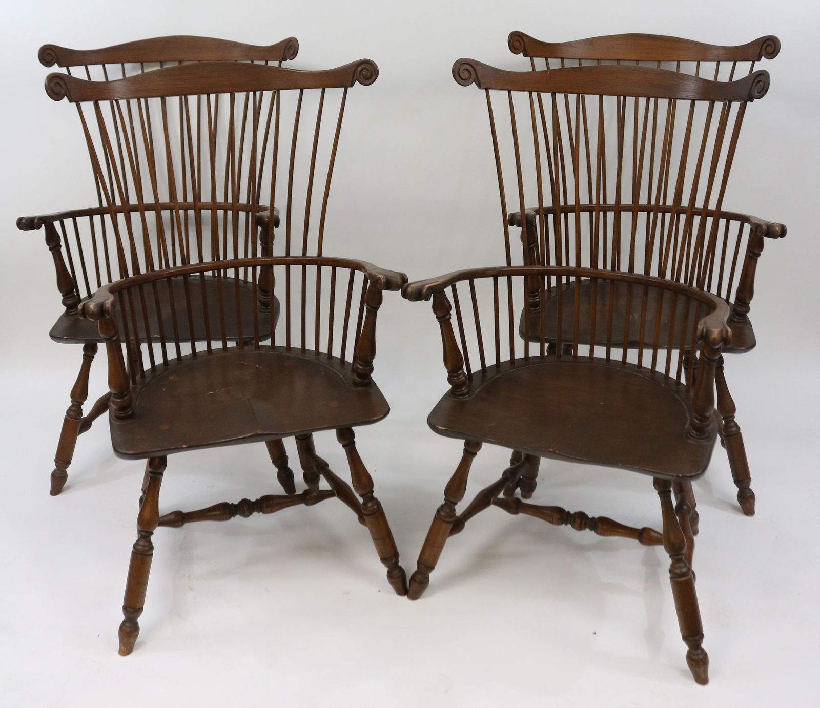 SET OF 4 BENCH MADE FAN NACK WINDSOR ARM CHAIRS, (1 of 2)