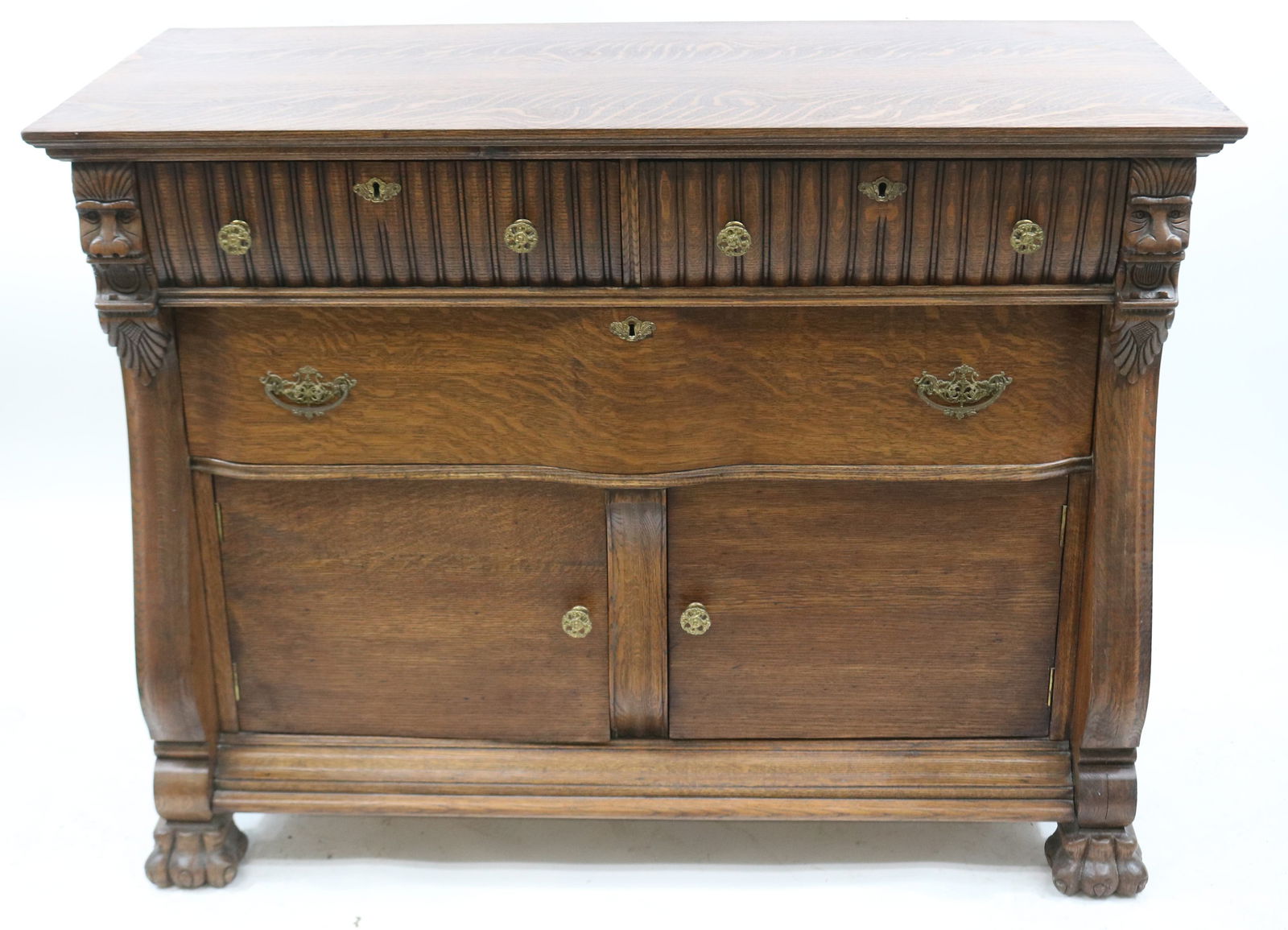 REFINISHED OAK SERVER, CARVED LION HEADS, 2 TOP (1 of 3)