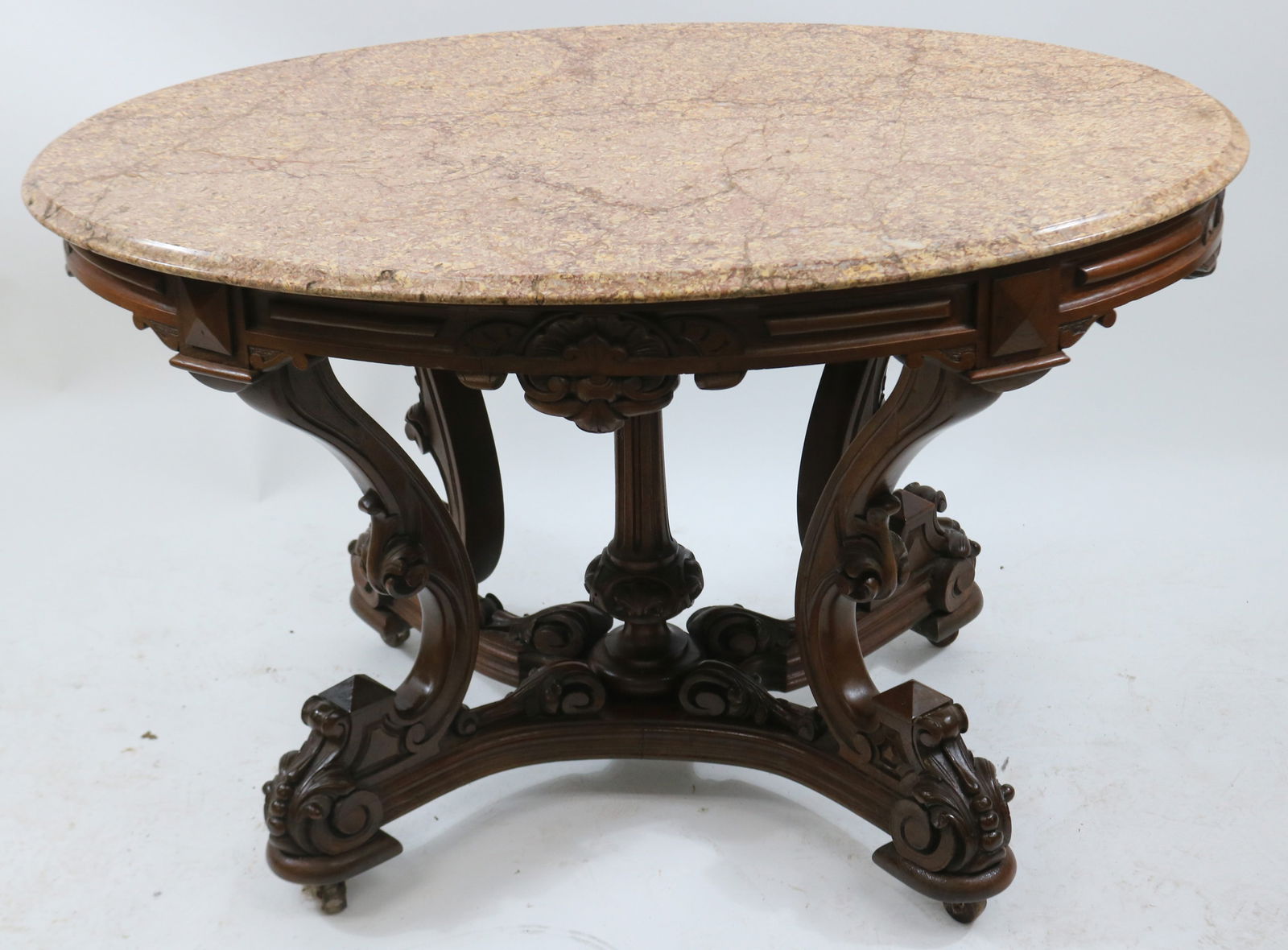 LARGE VICTORIAN WALNUT OVAL MARBLE TOP TABLE, (1 of 3)