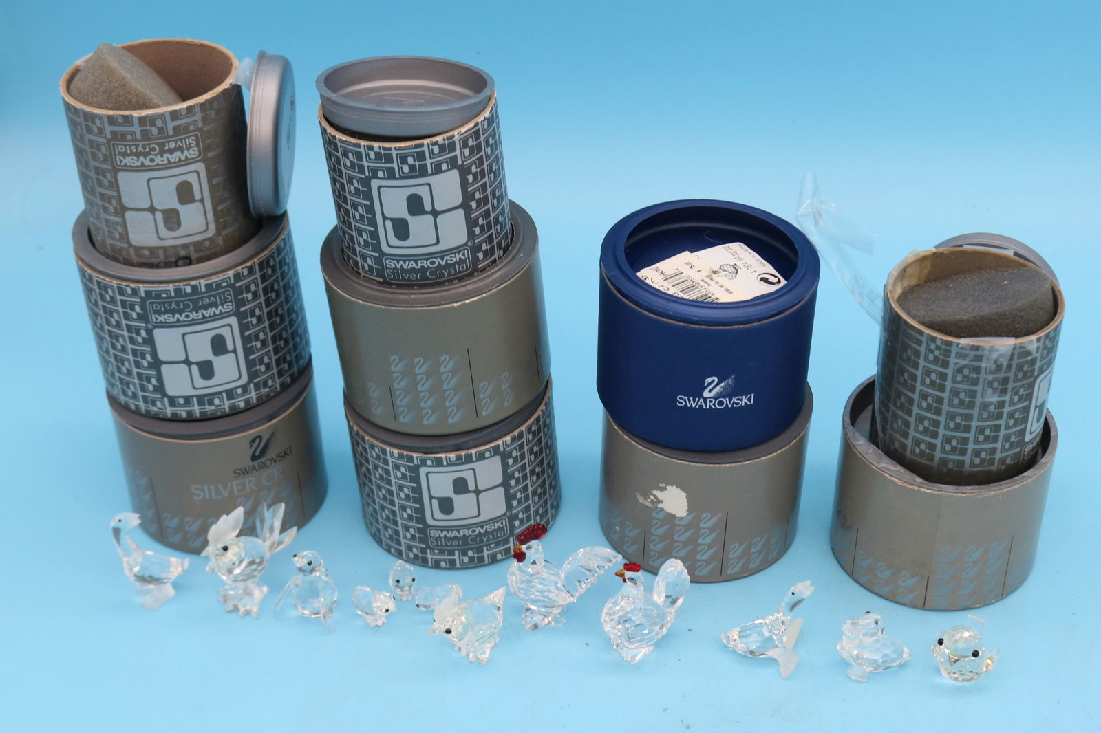 12 SWAROVSKI CRYSTAL FIGURES, CHICKS, CHICKENS &: OTHER BIRDS, 5/8" - 2" H, 3/4" - 1 3/4" W, ORIGINAL CONTAINERS, GOOD CONDITION