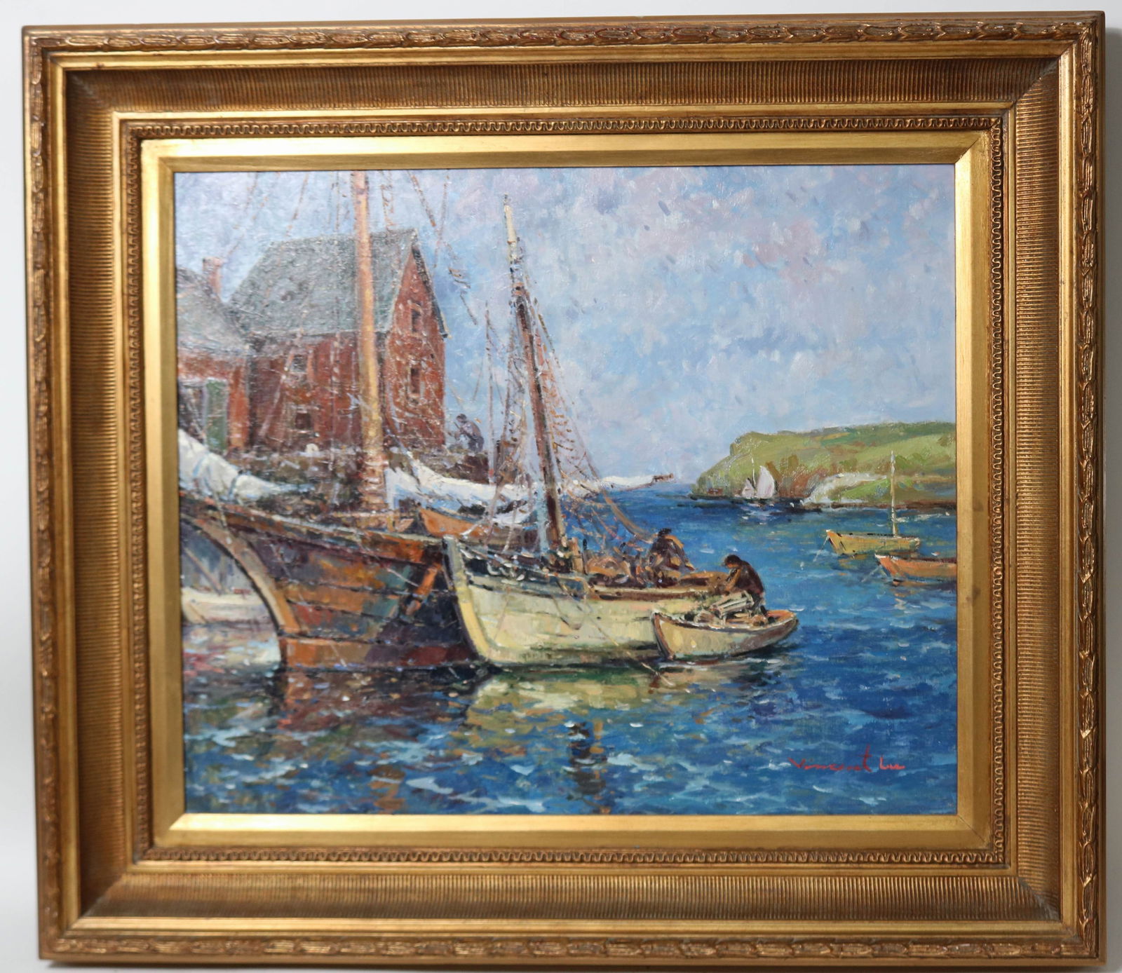 CONTEMPORARY OIL ON CANVAS, FISHING BOATS, 19: 1/2" X 23 1/2" SIGHT, 28 1/2" X 32 1/4", QUALITY FRAME, SIGNED LOWER RIGHT