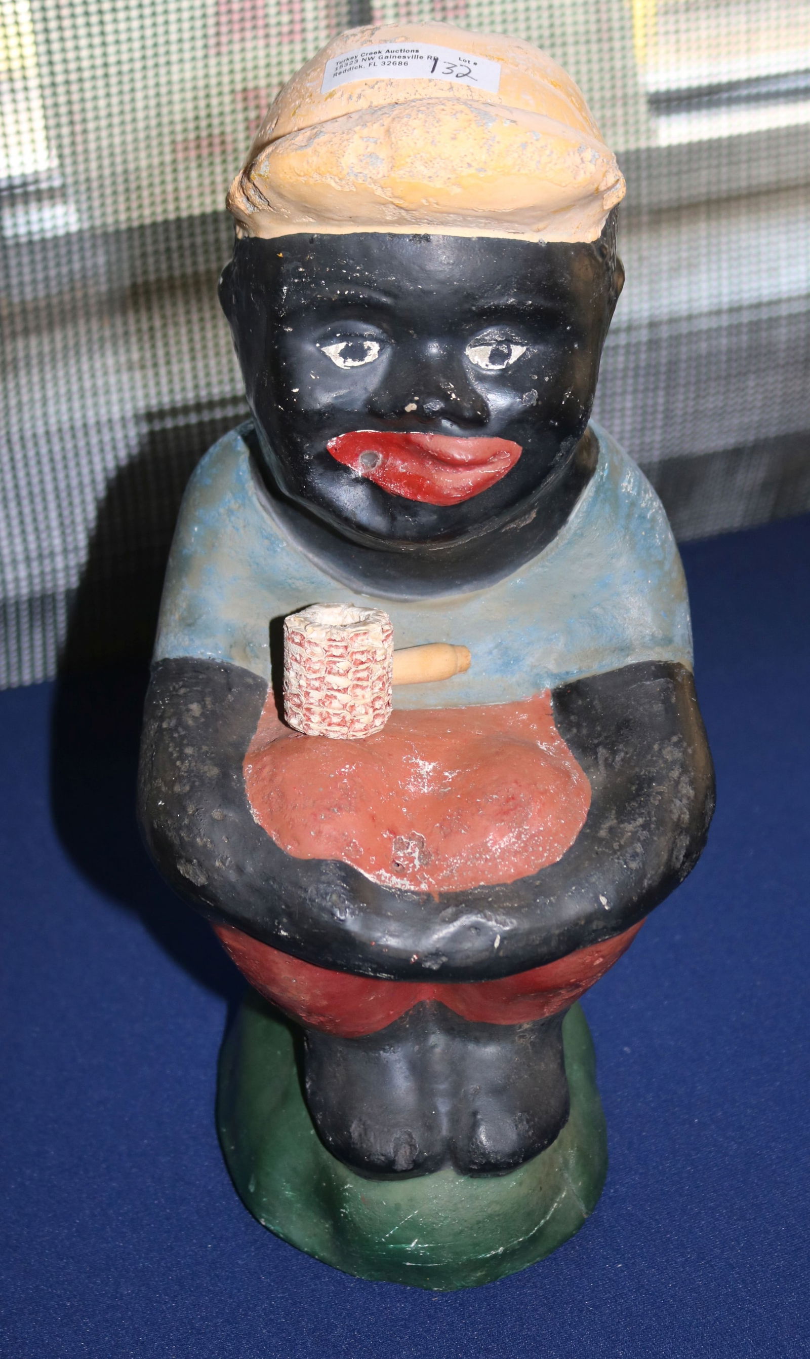 SMALL VINTAGE CEMENT FIGURE AFRICAN AMERICAN BOY: WITH PIPE, OLD PAINT, 13 1/2" H, 6 1/4" W, 7" D