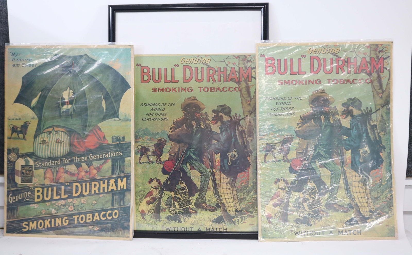 3 BULL DURHAM ADVERTISING POSTERS, LATE 20TH C.,: TWO ARE 25 1/2" H, 18" W, OTHER 24 1/4" X 15 3/4", GOOD CONDITION