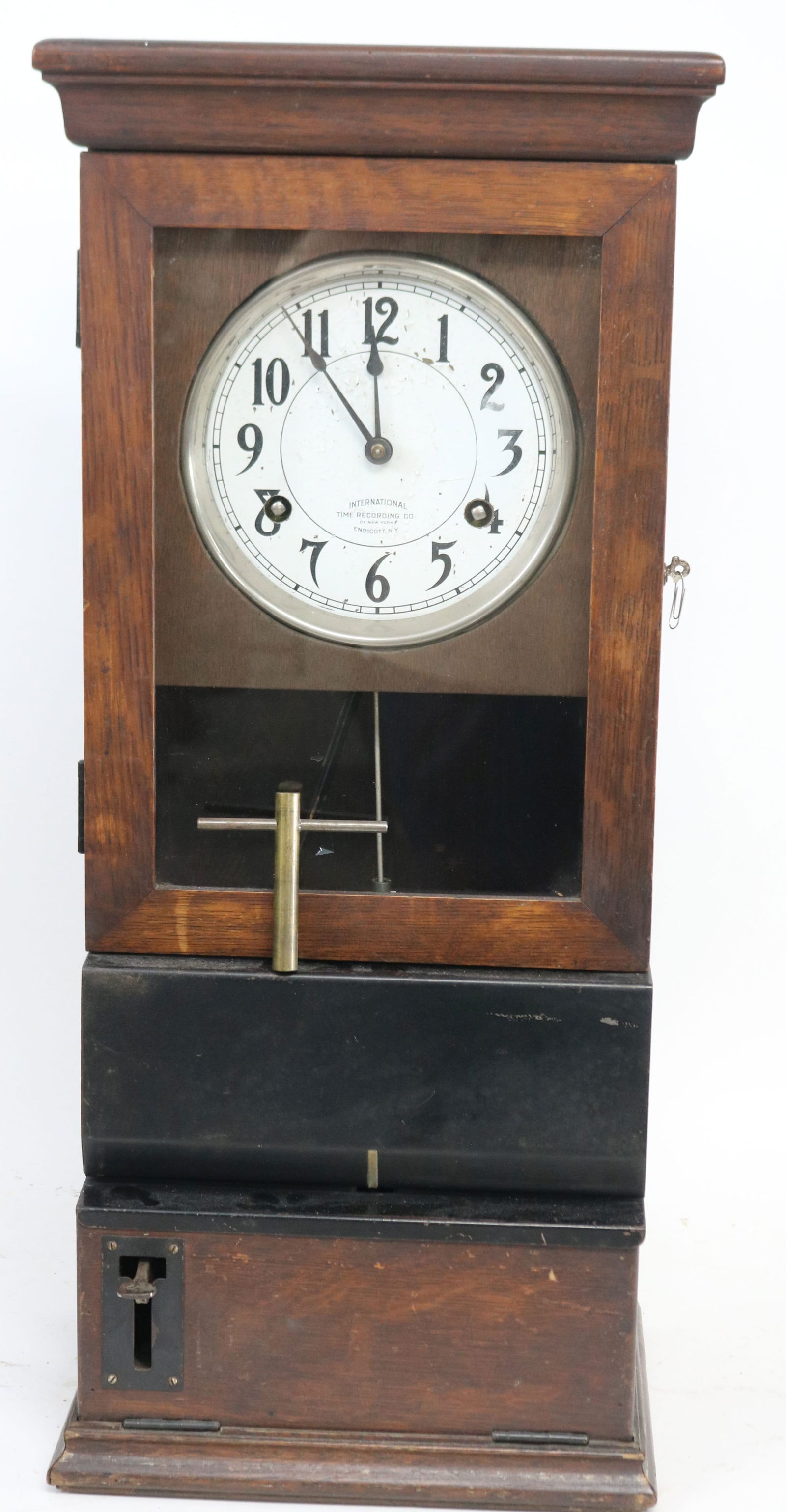 VINTAGE OAK TIME CLOCK, SIGNED INTERNATIONAL TIME (1 of 3)