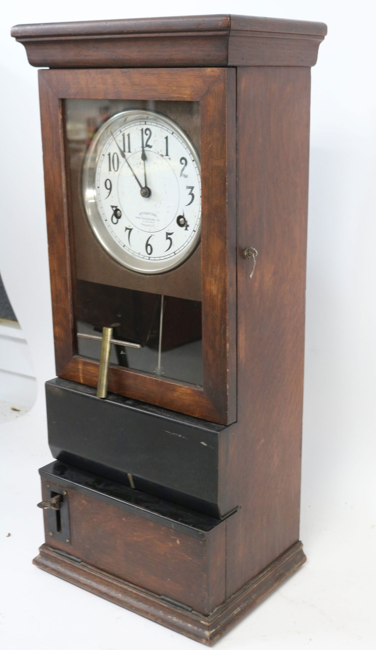VINTAGE OAK TIME CLOCK, SIGNED INTERNATIONAL TIME - 2
