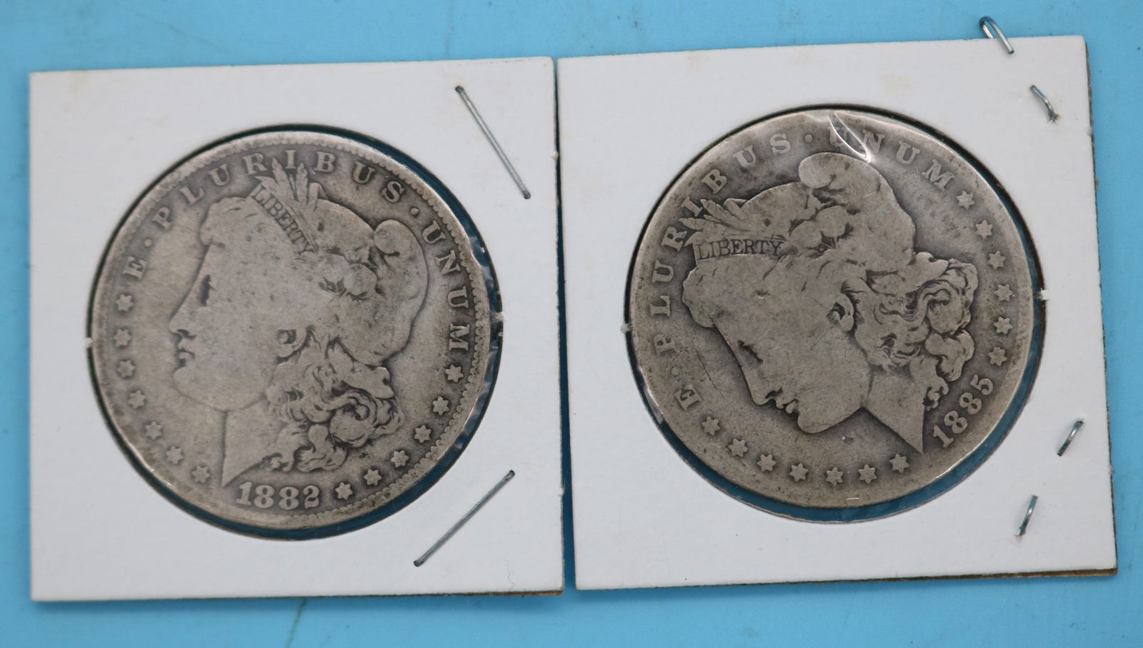 2 MORGAN DOLLARS, 1882 O, 1885 O, FAIR CONDITION: SEE PHOTO