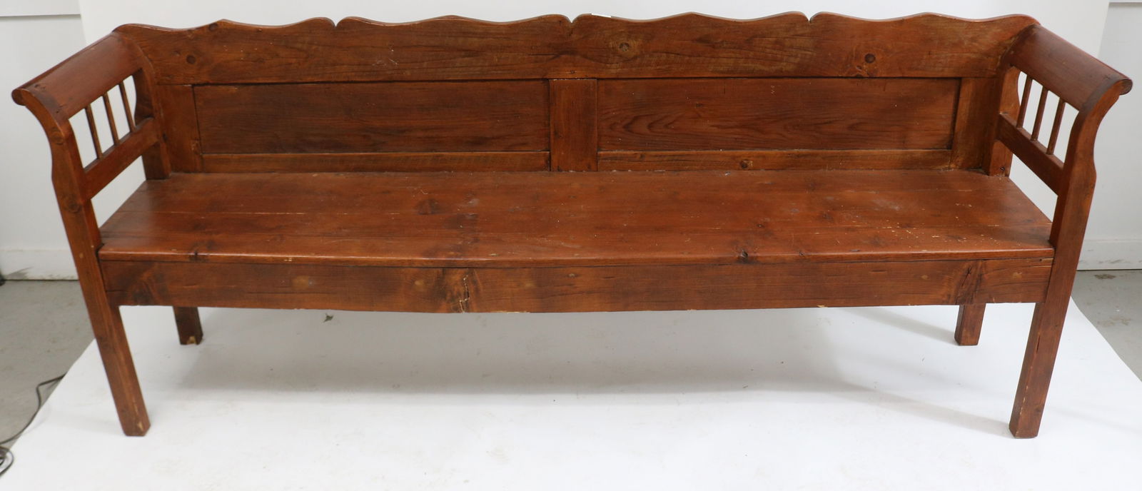 PRIMITIVE PINE BENCH, OLD RED FINISH, 19TH C., 34 (1 of 2)