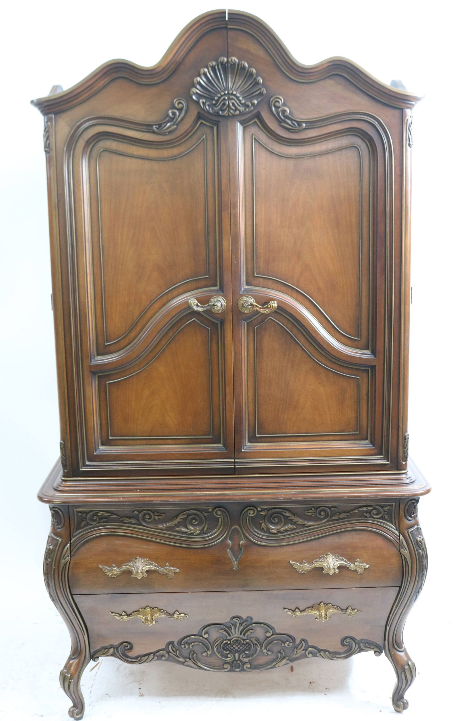 ROMWEBER CUSTOM MAHOGANY ARMOIRE, BOMBE SIDES, 3: INTERIOR DRAWERS, ORIGINAL FINISH, 76 1/4", 42 1/2" W, 24" D