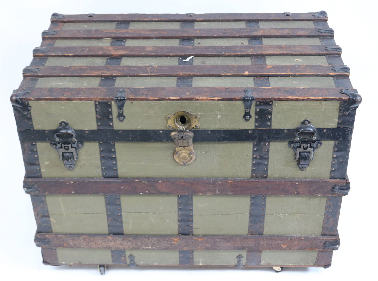 CLEAN FLAT TOP SLATTED TRUNK, GREEN CLOTH COVER,: LEATHER HANDLES AS IS, ON WHEELS, 24" H, 32" W, 20" D