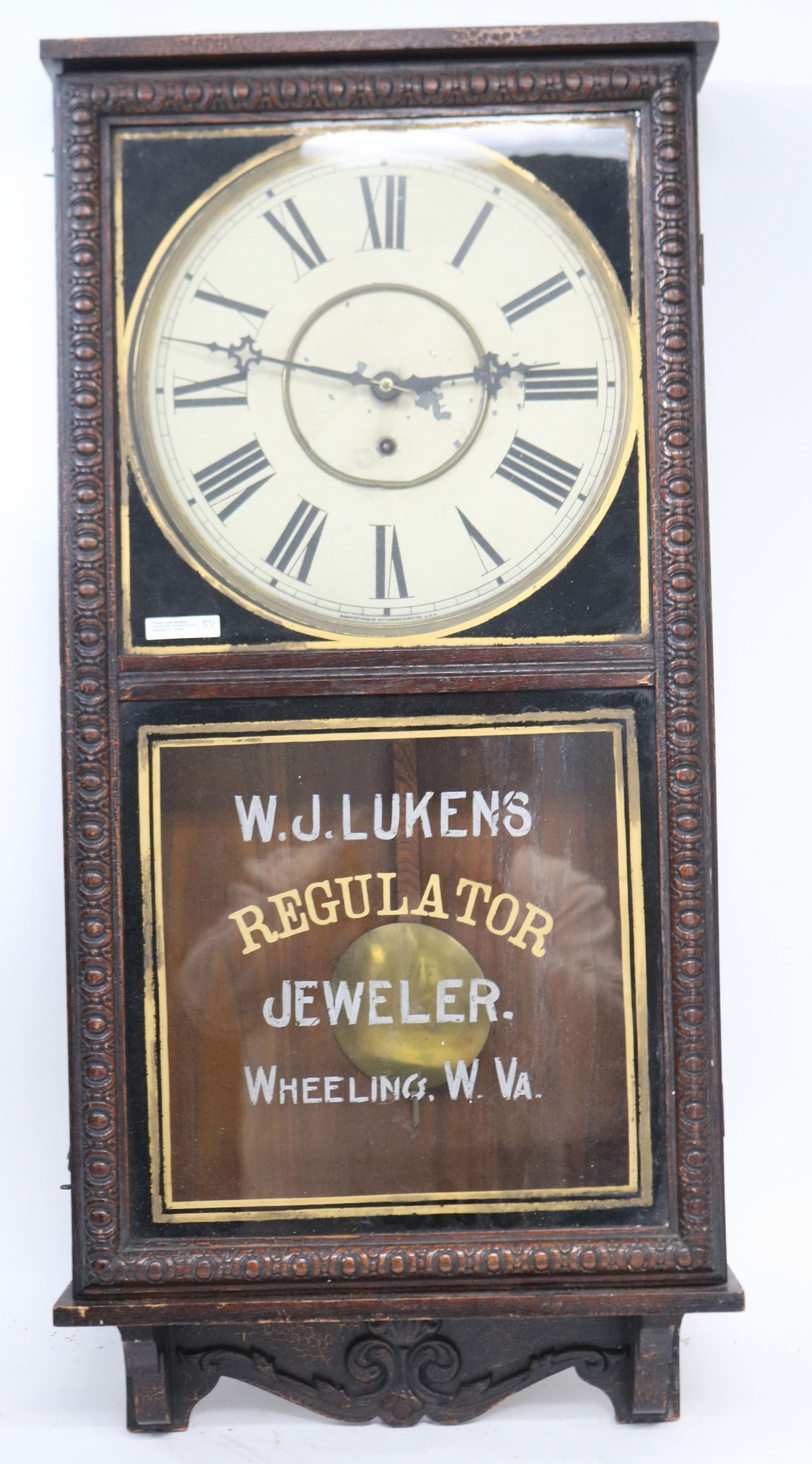 WATERBURY PRESS OAK ADVERTISING WALL CLOCK, OLD: FINISH, 34" H, 16 1/4" W, NO KEY