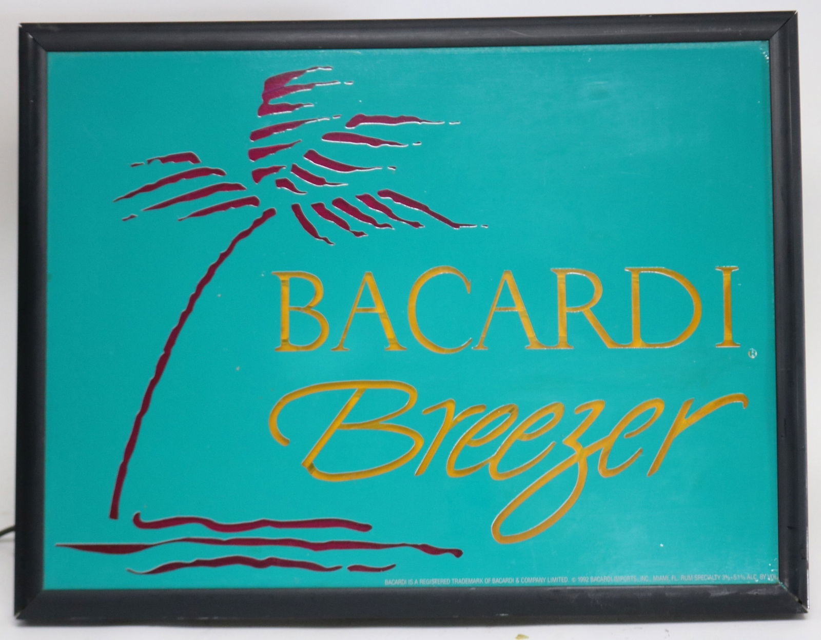 BACARDI BREEZE ILLUMINATED SIGN, NEON HIGHLIGHTS,: 19" H, 27 3/4" W, 5 1/2" D