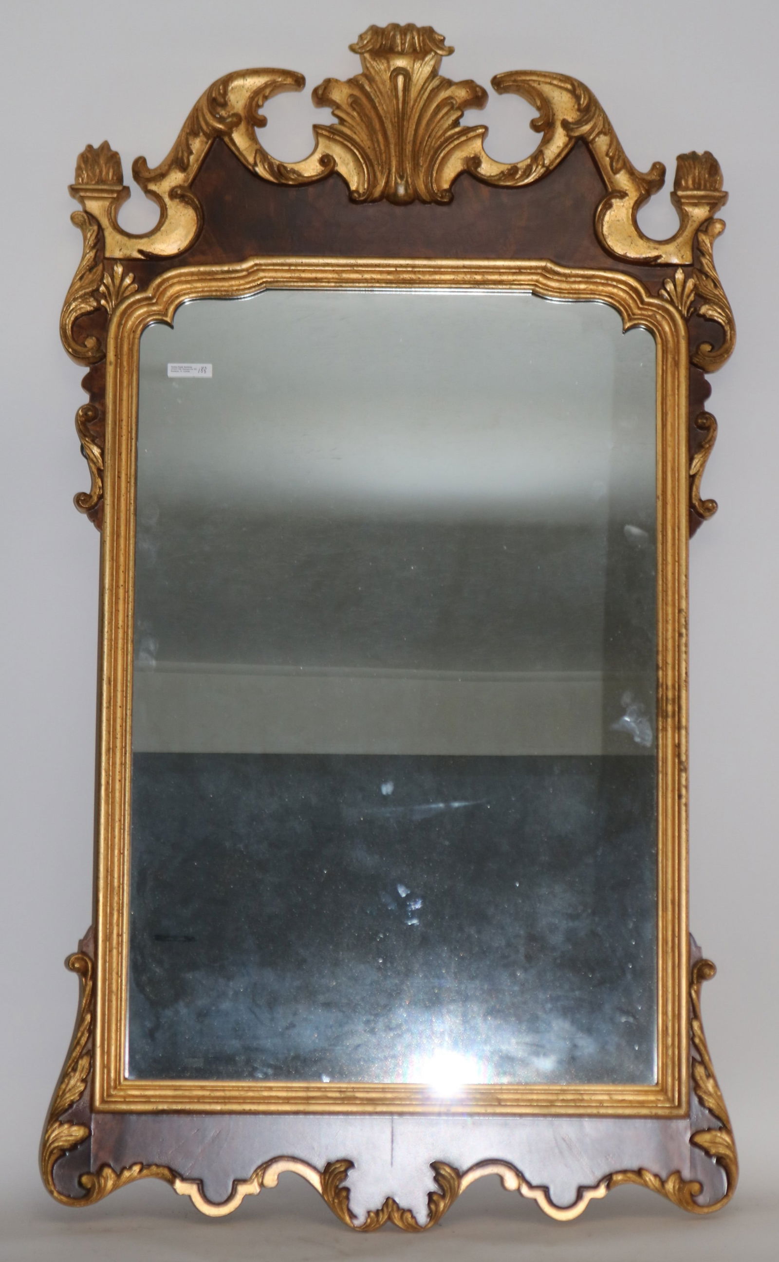 ITALIAN CARVED MAHOGANY CHIPPENDALE STYLE MIRRO: WITH GILT TRIM, ORNATE CARVED CREST, LATE 20TH. C, 47 1/4" H, 27" W