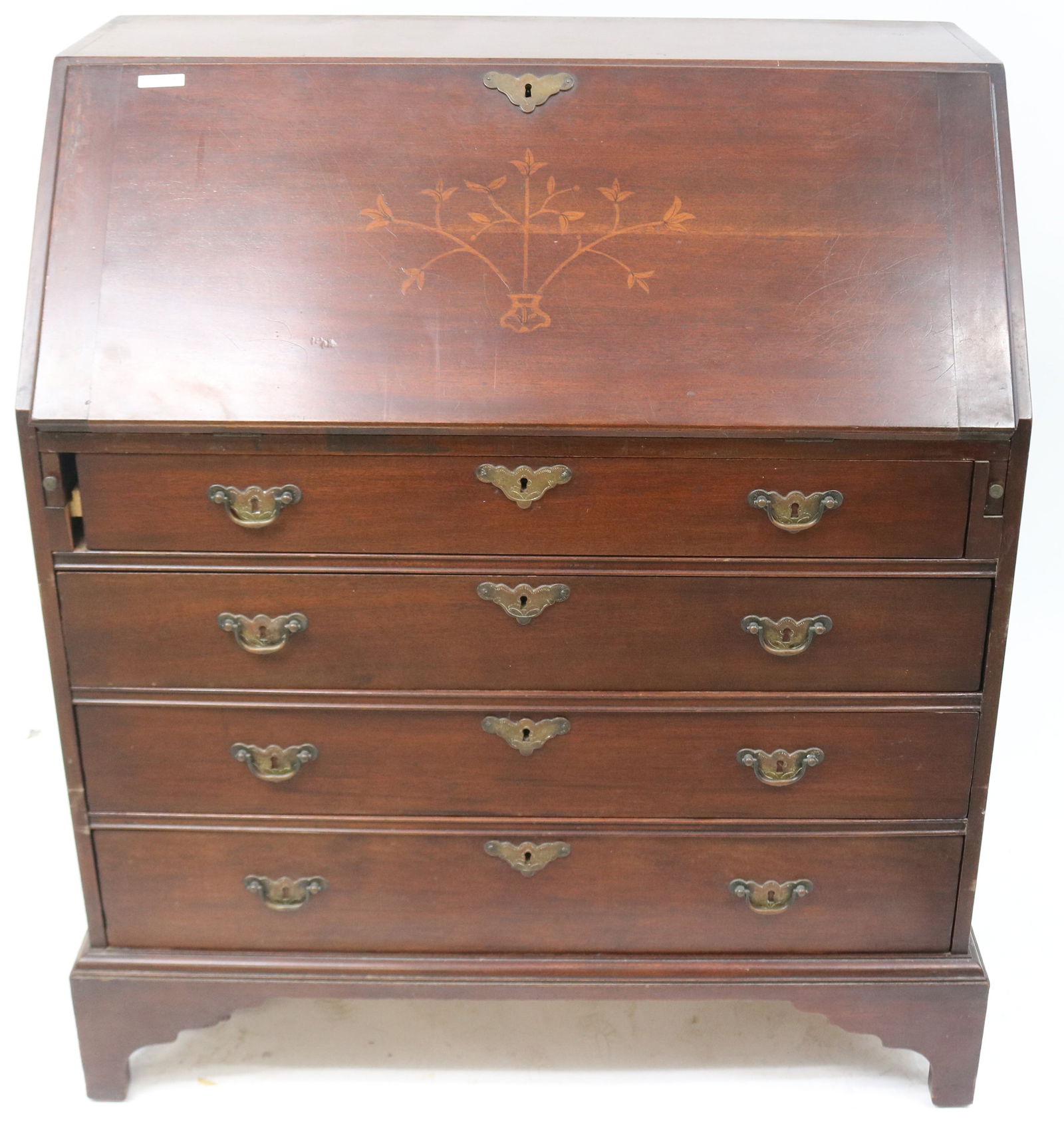 QUALITY CUSTOM MAHOGANY INLAID SLANT LID DESK,: ORIGINAL FINISH, ORNATE INTERIOR WITH SECRET PULLOUT SECTION, 43" H, 39" W, 2 1/2" D, MISSING SMALL PIECE OF WOOD, GLUE BLOCKS AT BASE MISSING, MINOR REPAIRS & BLEMISHES