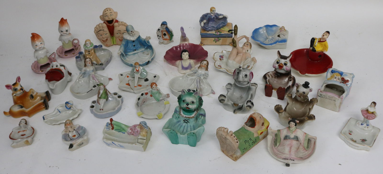 31 JAPANESE PORCELAIN FIGURAL ASH TRAYS, SOME: NODDERS, SOME NAUGHTY, GOOD CONDITION, 1" - 4 3/4" H, 2" - 4 1/2" W