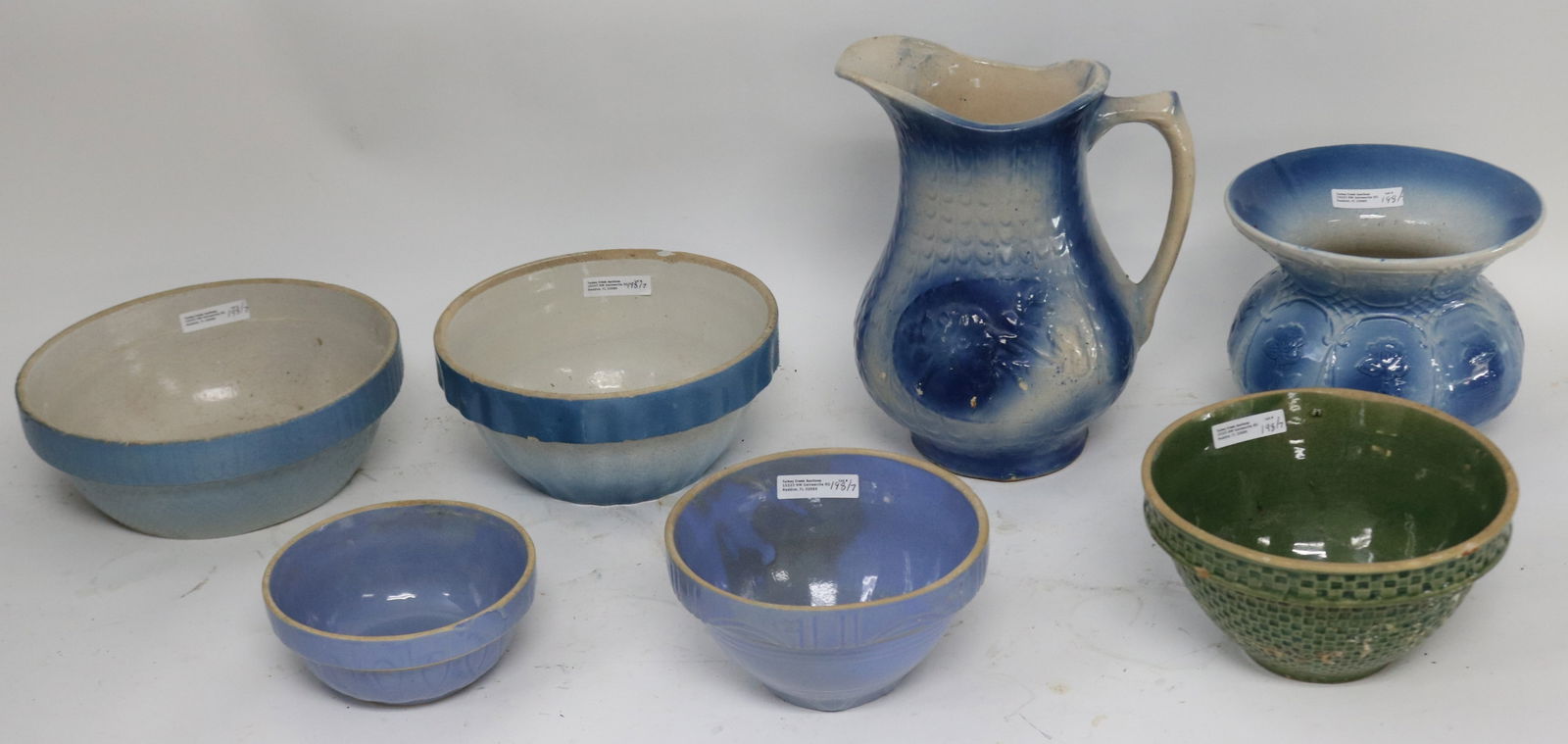 7 STONEWARE ITEMS, SALT GLAZE & BLUE GLAZE MIXING: BOWLS, SALT GLAZED PITCHER 10" H, SPITTOON 6" H, 7 1/2" DIA., 2 MIXING BOWLS, 3 1/2" + 4" H, 9" + 8 1/4" DIA., OTHER BOWLS 2 1/2" - 4" H, 5 1/2" - 7 1/2" DIA., GOOD OVERALL CONDITION