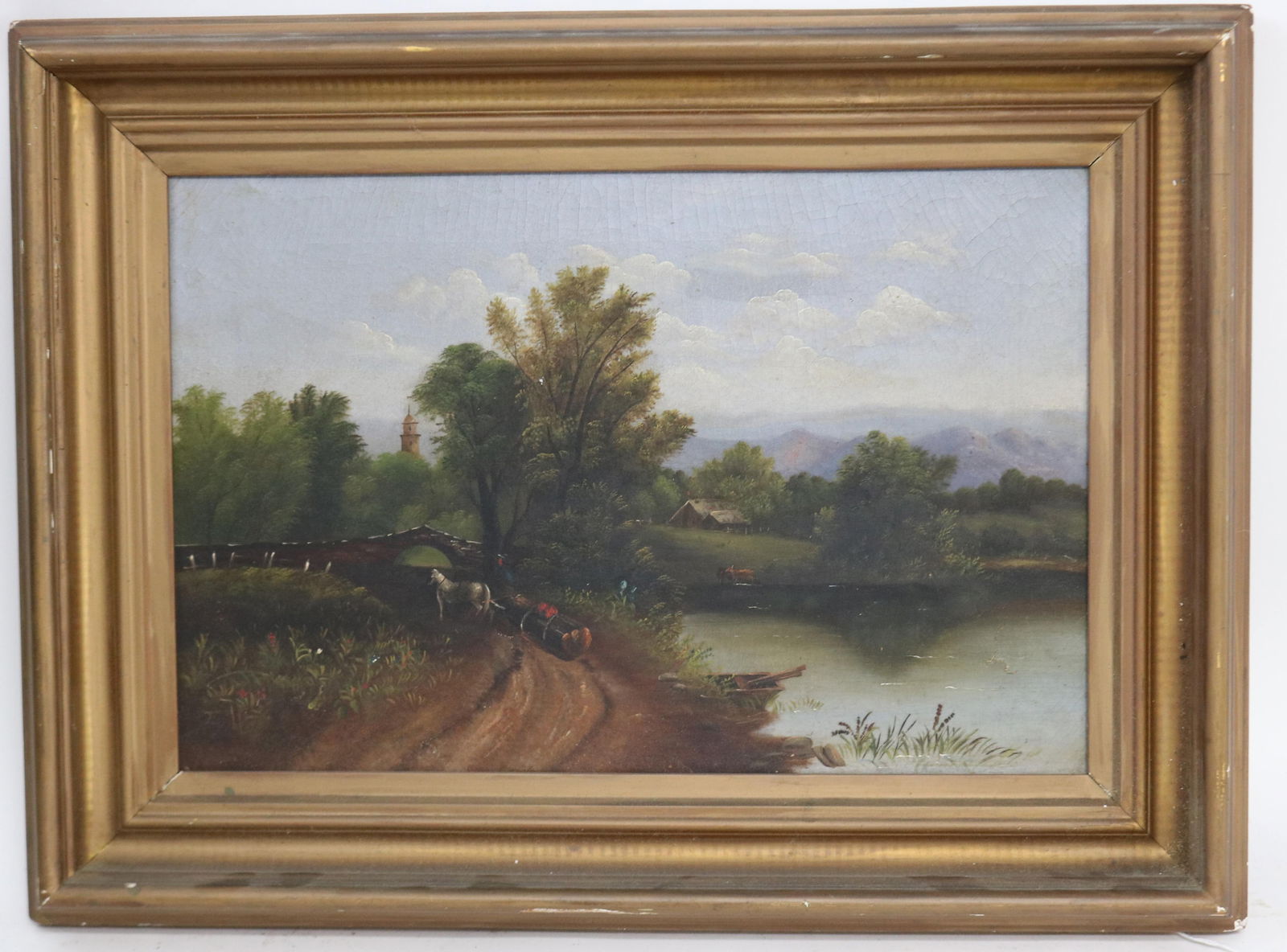 19TH C. OIL ON CANVAS, LANDSCAPE SCENE, STEEPLE,: HOUSE, POND, MOUNTAINS, HORSE, ETC., 11 1/2" X 17 1/2" SIGHT, 17 3/4" - 23 1/2" OVERALL, PAINTED GESSO MOLDED FRAME SLIGHT LOSS, CANVAS SHOWS SMALL TEAR