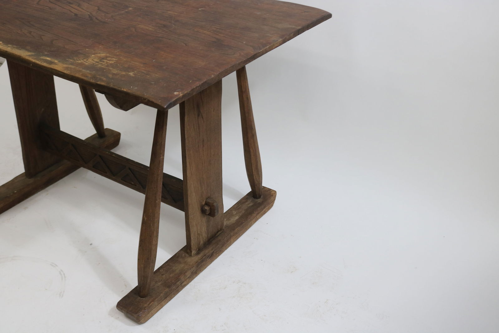 PRIMITIVE OAK TRESTLE TABLE, NATURAL FINISH, WORN - 2