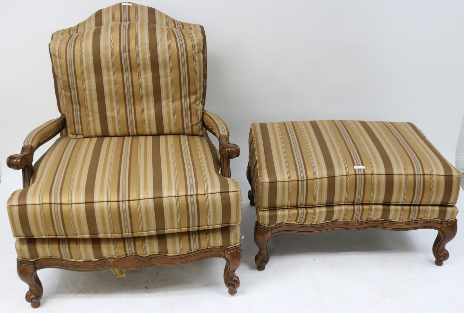 FRENCH STYLE OPEN ARM CHAIR WITH MATCHING: OTTOMAN, CLEAR RIBBON STRIPED UPHOLSTERY CHAIR, 32 1/2" H, 35" W, 31" D, 20 1/2" SEAT HEIGHT, OTTOMAN 19" H, 35" W, 25" D