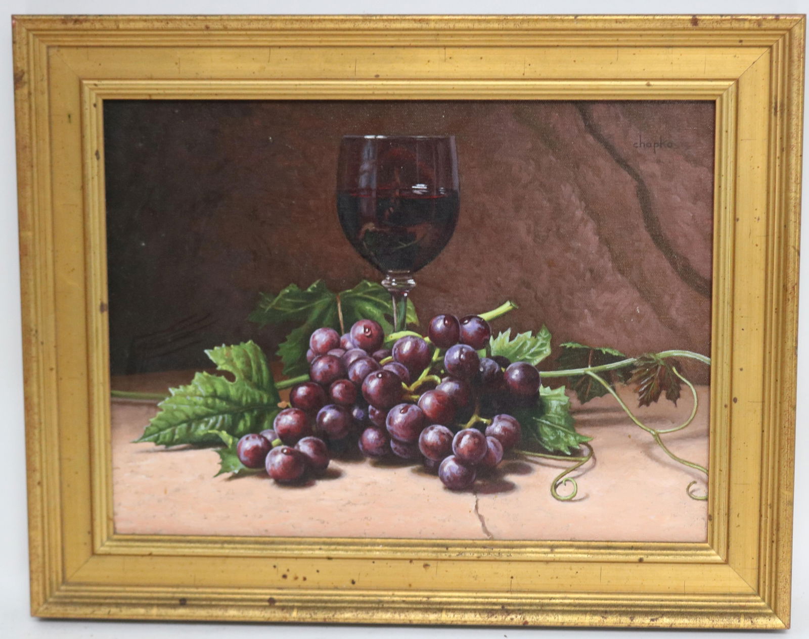 VAL CHAPKO B 1948, PA & CA, STILL LIFE OF GRAPES: & WINE GLASS, ORIGINAL RECEIPT, 12" X 16" SIGHT, 15 3/4" X 19 3/4", QUALITY FRAME