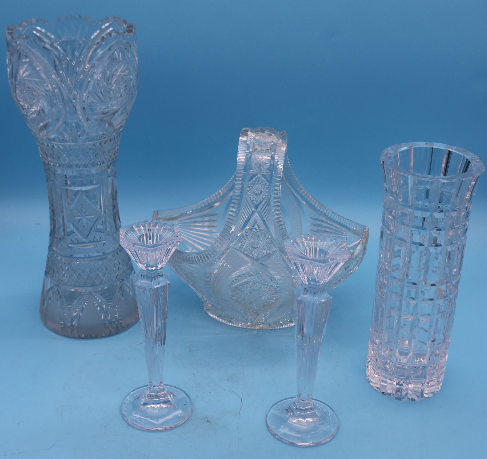 5 PCS. CUT & OTHER CRYSTAL GLASS, TALL CUT VASE, (1 of 1)