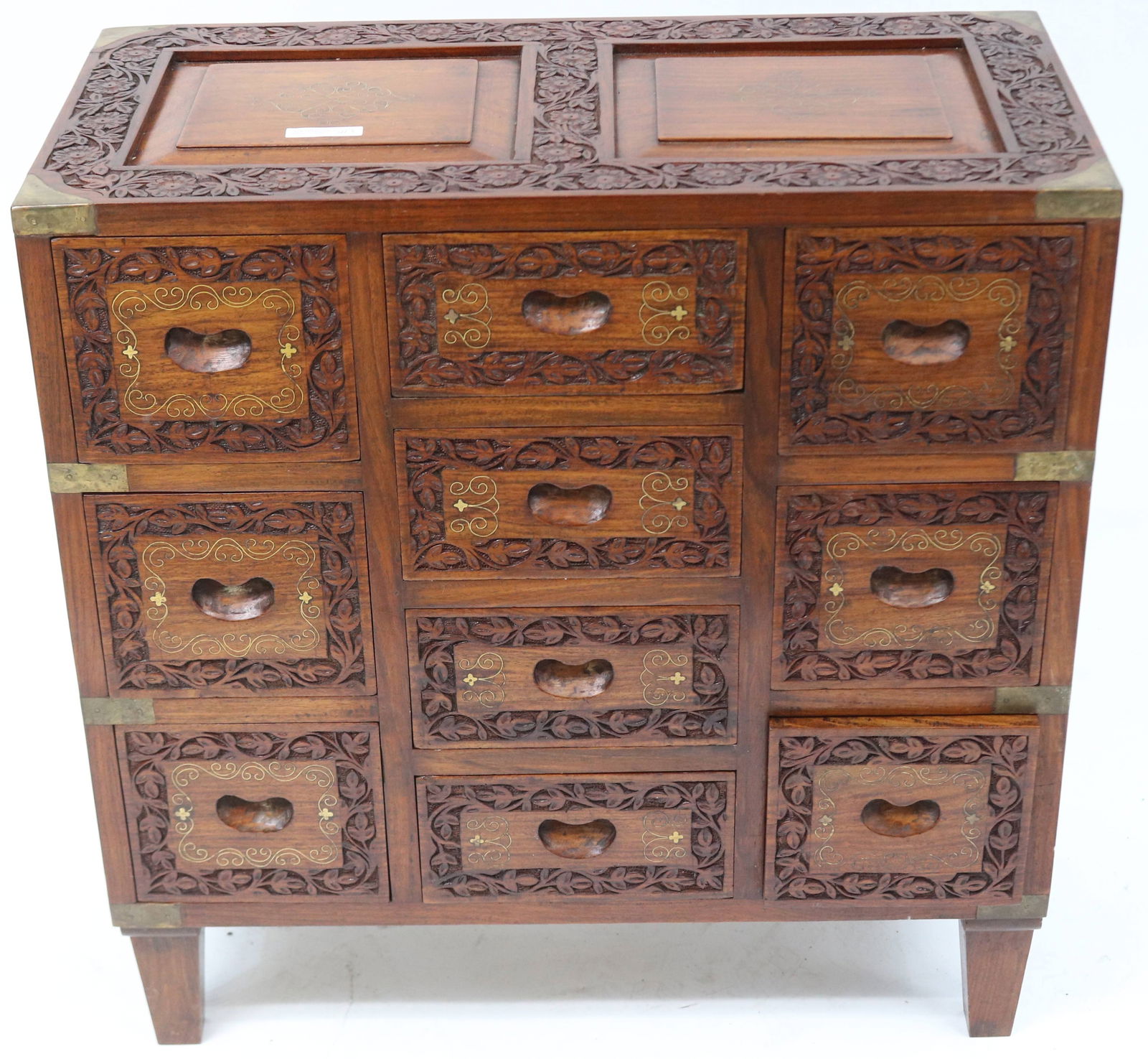 SMALL CARVED TEAK 10 DRAWER CHEST WITH BRASS (1 of 3)