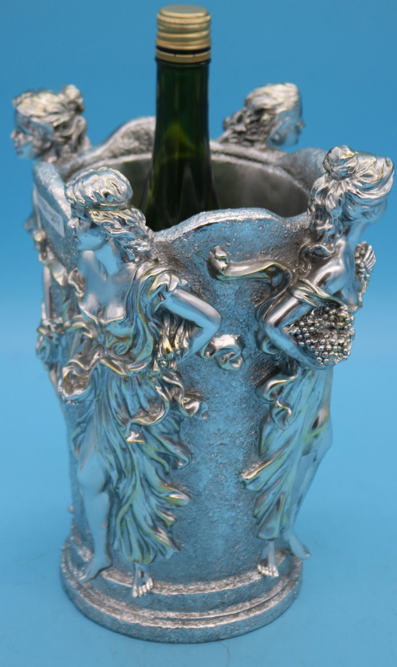 CONTEMPORARY METAL CLAD ICE BUCKET WITH STANDING: FEMALE FIGURES, 11 1/2" H, 9" DIA.