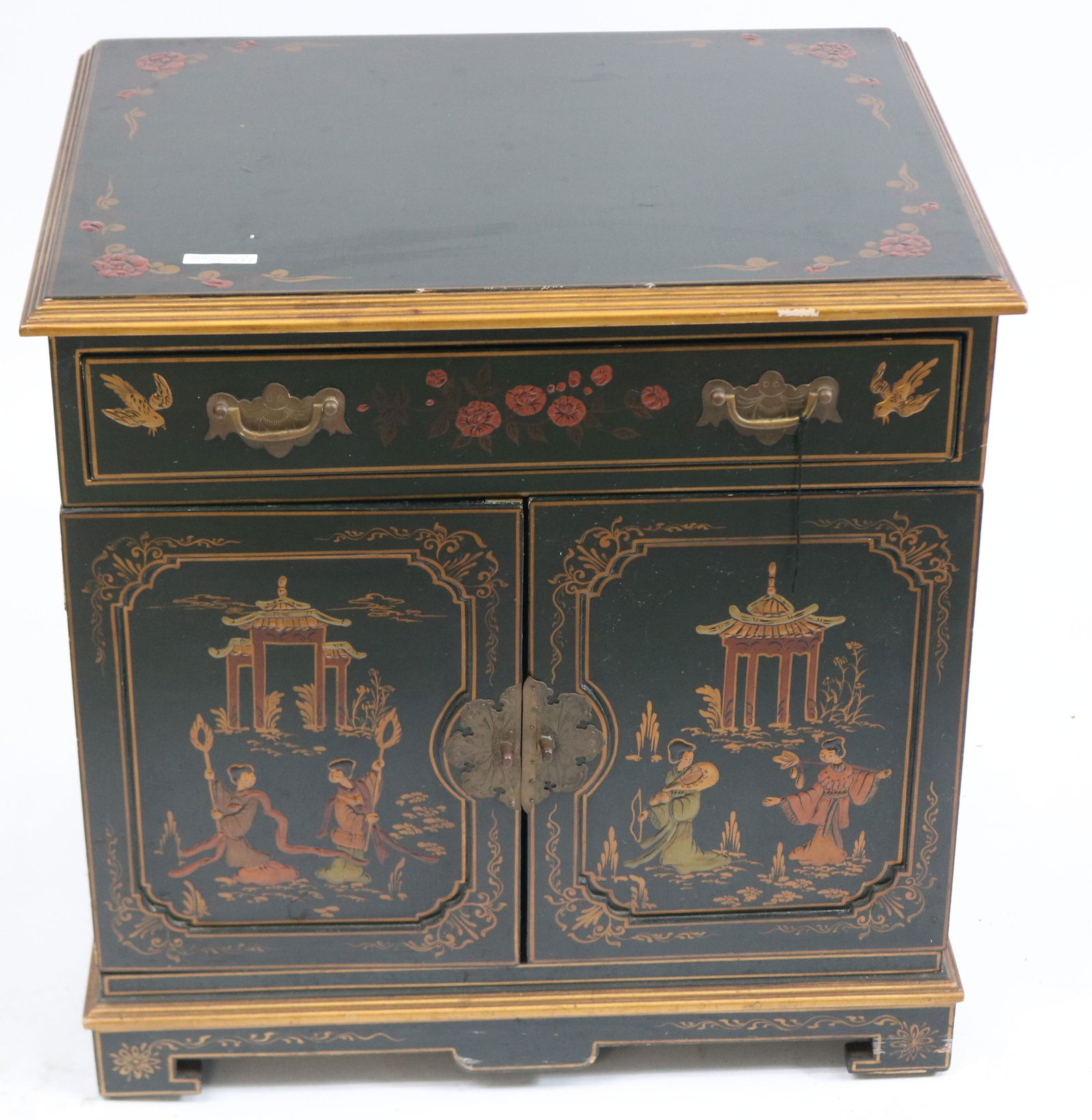 SMALL ORIENTAL DECORATED SIDE CABINET, 1 DRAWER (1 of 3)