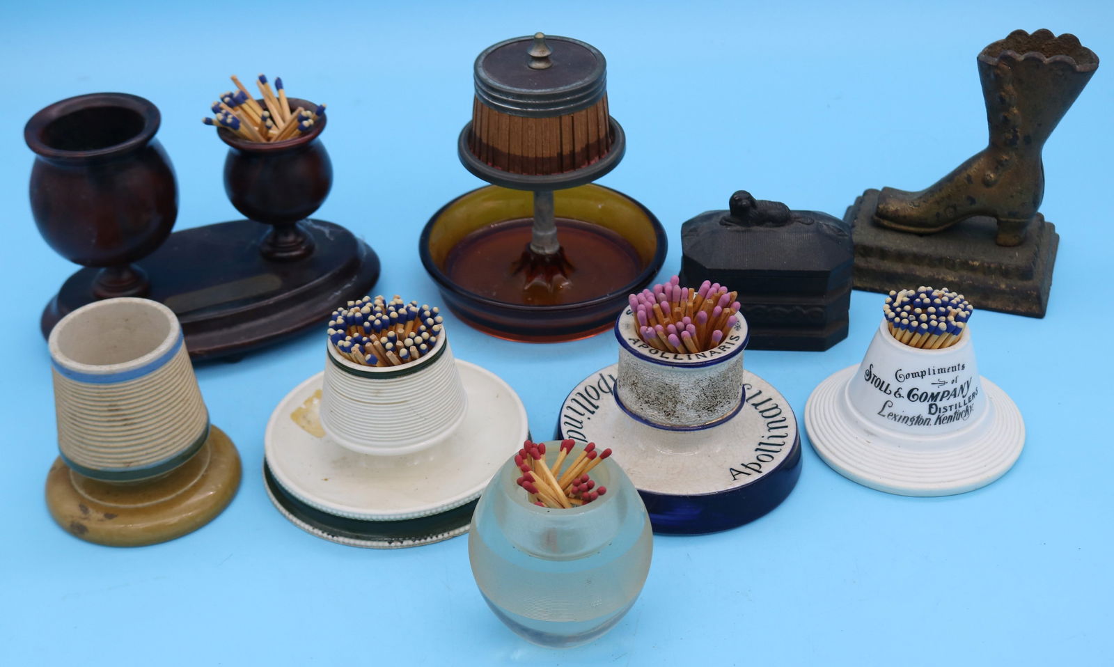 COLLECTION OF 9 MATCH HOLDERS, IRON, STONEWARE, (1 of 1)