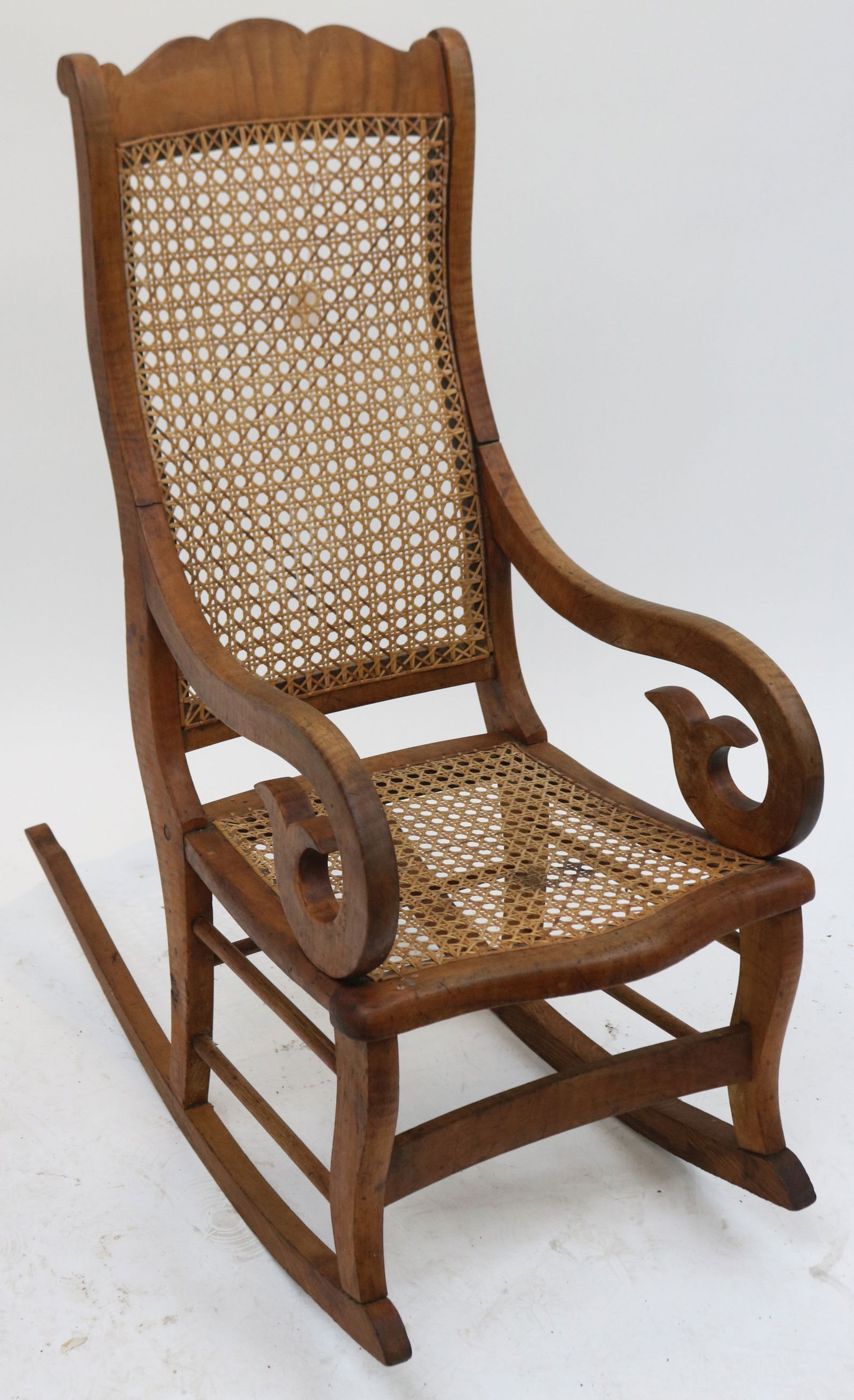 19TH C. CHILDS ROCKER, TIGER MAPLE CANE BACK &: SEAT, 35 1/2" H, 16 1/4" W, 30" D, ORIGINAL NATURAL FINISH