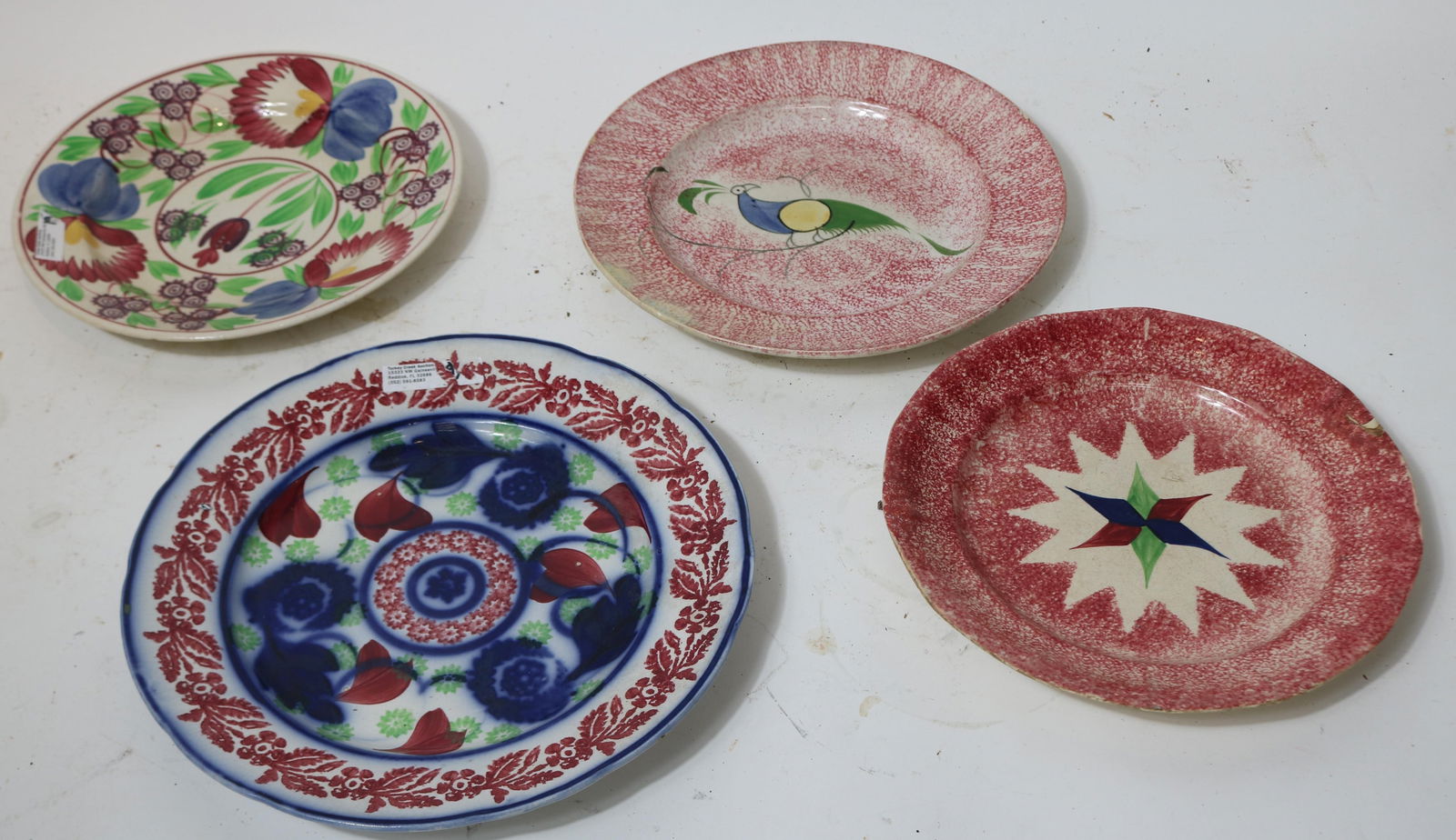 FOUR 19TH C. STICK SPATTER PLATES, 2 WITH: REPAIRS, 8 1/2" - 10" DIA.