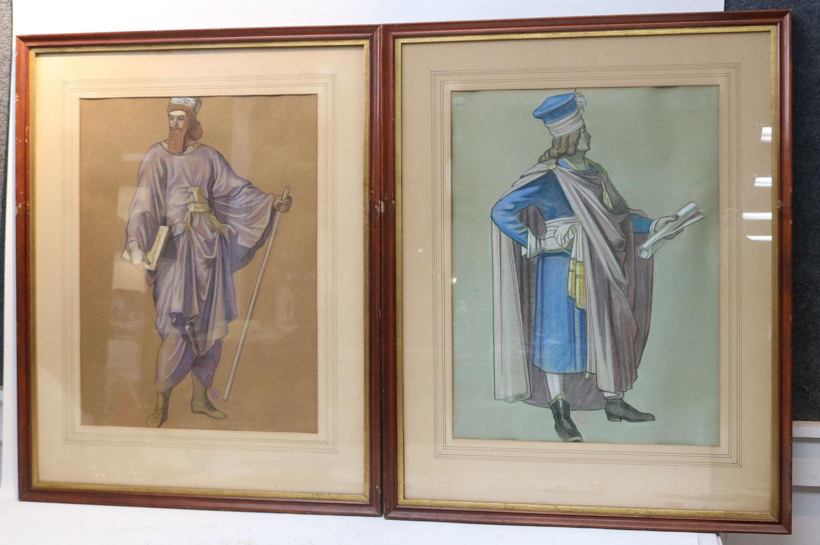 HELEN MARQUETTE O'KANE, C. 1900, ILLUSTRATOR BOOK: DESIGNER, 2 WATERCOLORS ON PAPER, ANCIENT FIGURE MONOGRAMED, 24 1/2" H, 18" W SIGHT, 35 1/2" X 28 1/2" OVERALL, FRAMED & MATTED