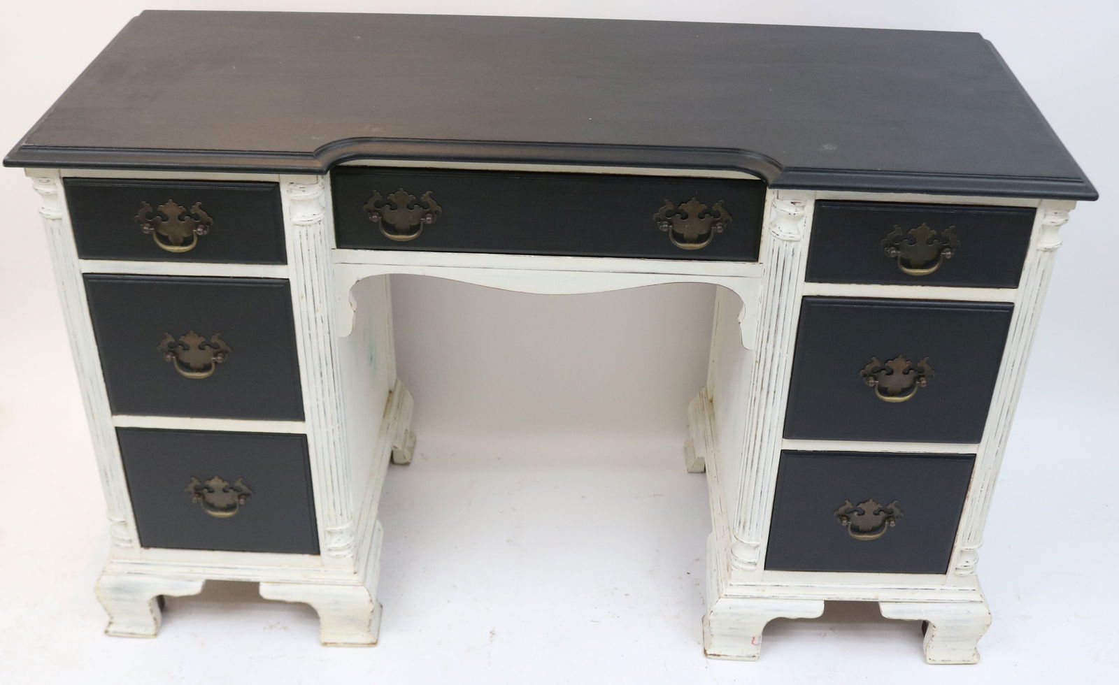 CUSTOM CHIPPENDALE KNEE HOLE DESK, REEDED: COLUMNS, OGEE BRACKET BASE, LATER PAINTED SURFACE, 30" H, 48 1/2" W, 19 1/4" D