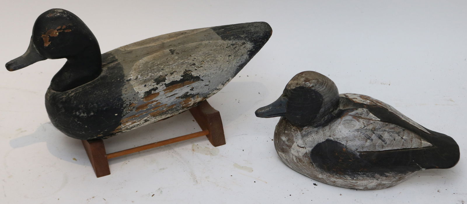 2 CARVED & PAINTED WOODEN DECOYS, 5" - 8" H, 9" -: 12" L