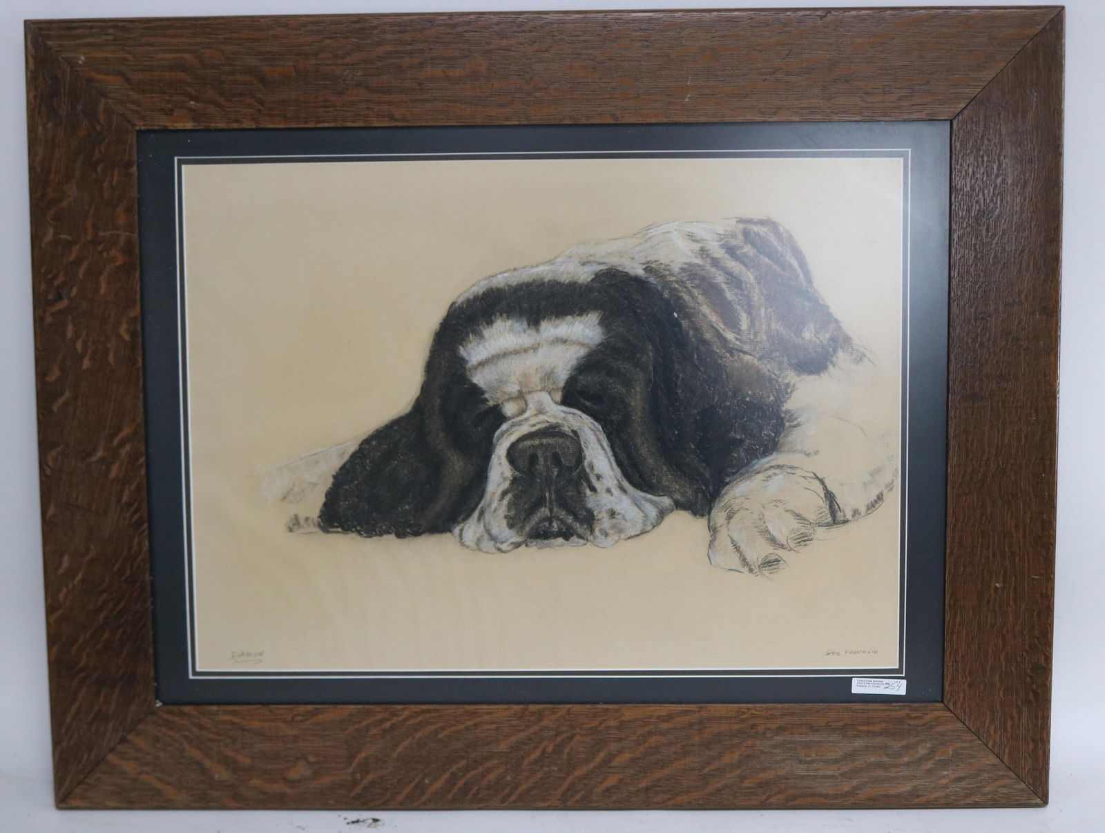 OAK FRAMED PORTRAIT OF DOG, SIGNED GEO. FRANKLIN,: PASTEL ON PAPER, ENTITLED "DAMON", 16 1/2" X 22 1/2" SIGHT, 25 3/4" X 32 1/2" OVERALL