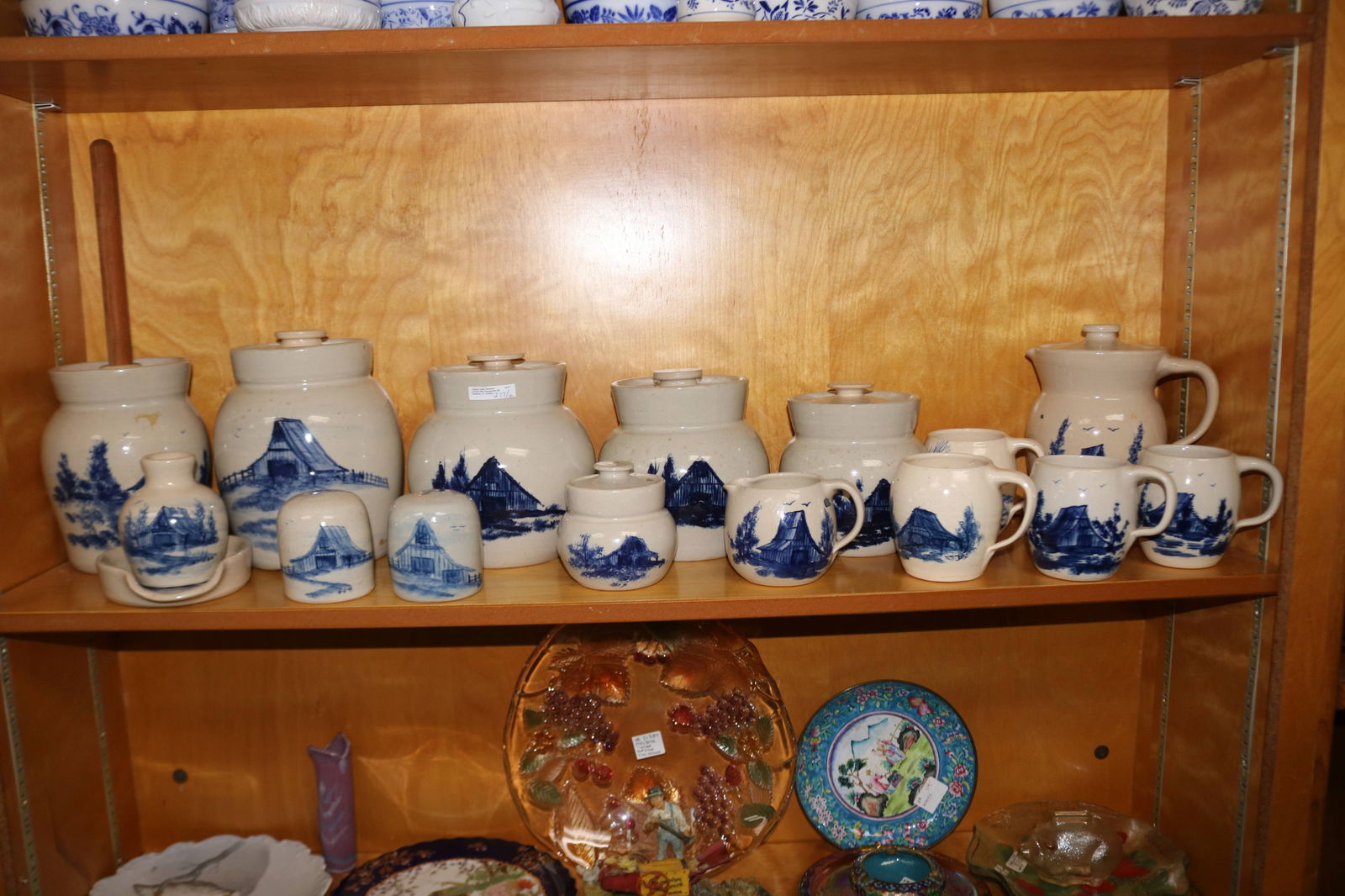 COLLECTION OF 16 PCS. PAUL STORIE POTTERY,: MARSHALL TEXAS, CANNISTERS, CIDER SET, C&S, CHURN, ETC. 3 1/2" - 9" H