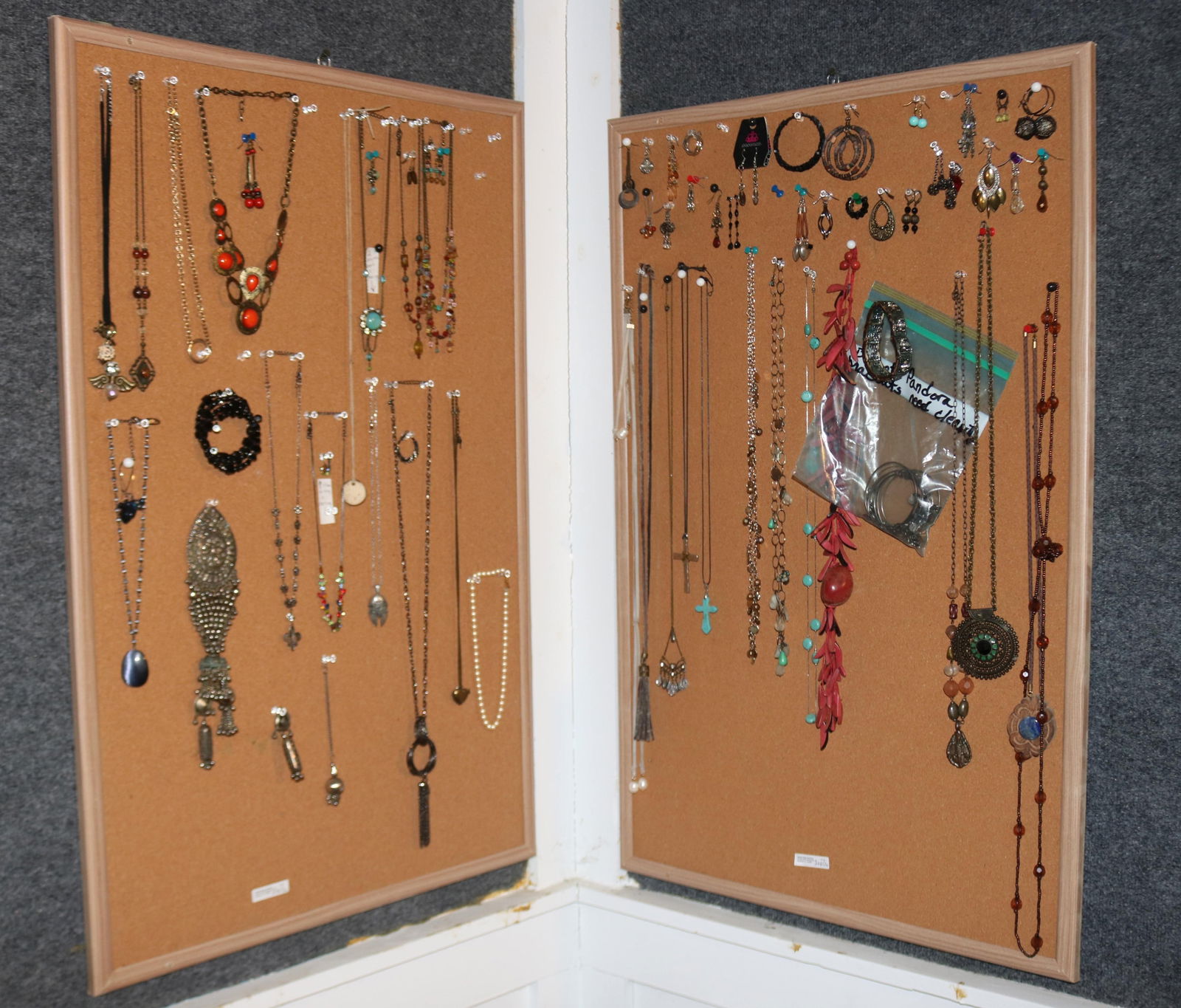 2 WALL MOUNTED TRAY WITH COSTUME JEWELRY: SEE PHOTO