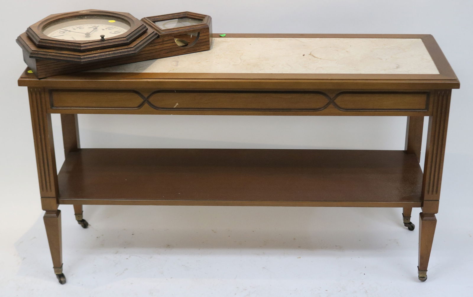 1970S MARBLE TOP TABLE WITH PINE SCHOOLHOUSE: STYLE CLOCK, TABLE SIZE 26" H, 45" W, 15" D