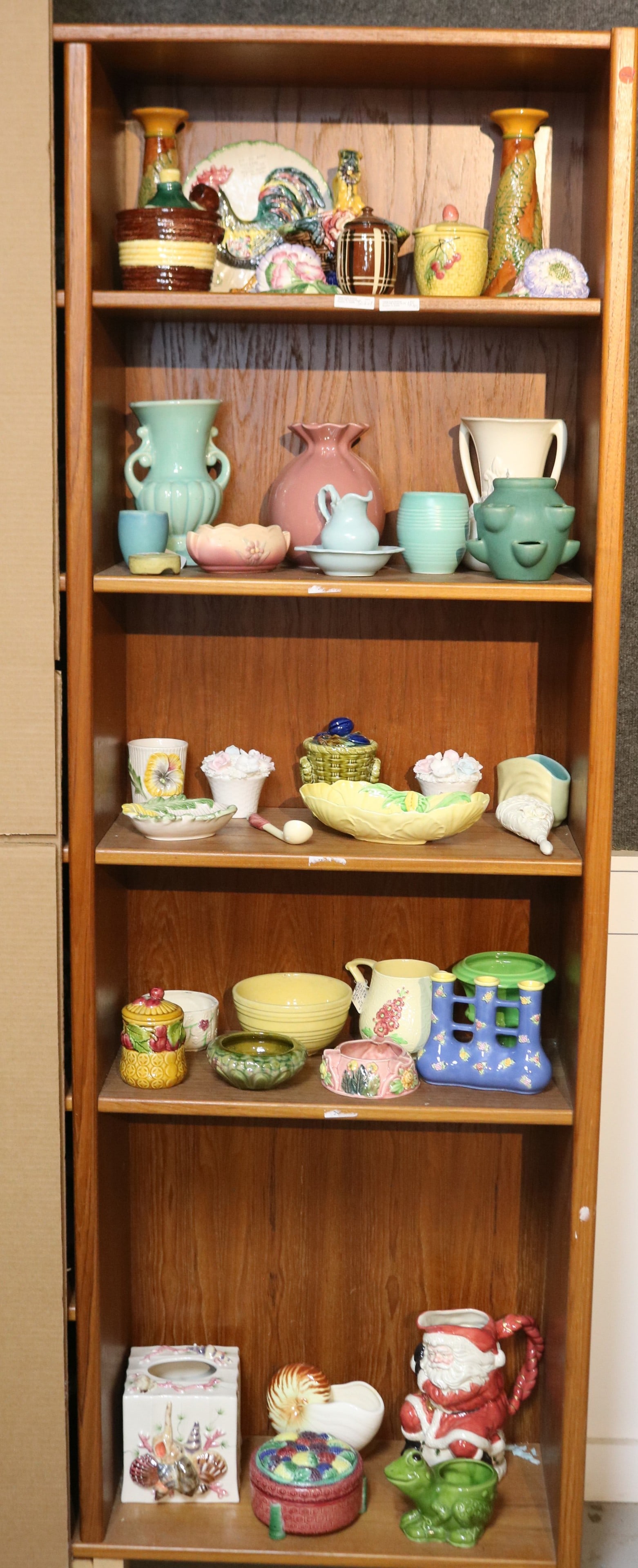 BOOKCASE LOT OF 40 PCS. POTTERY & PORCELAIN, (1 of 4)