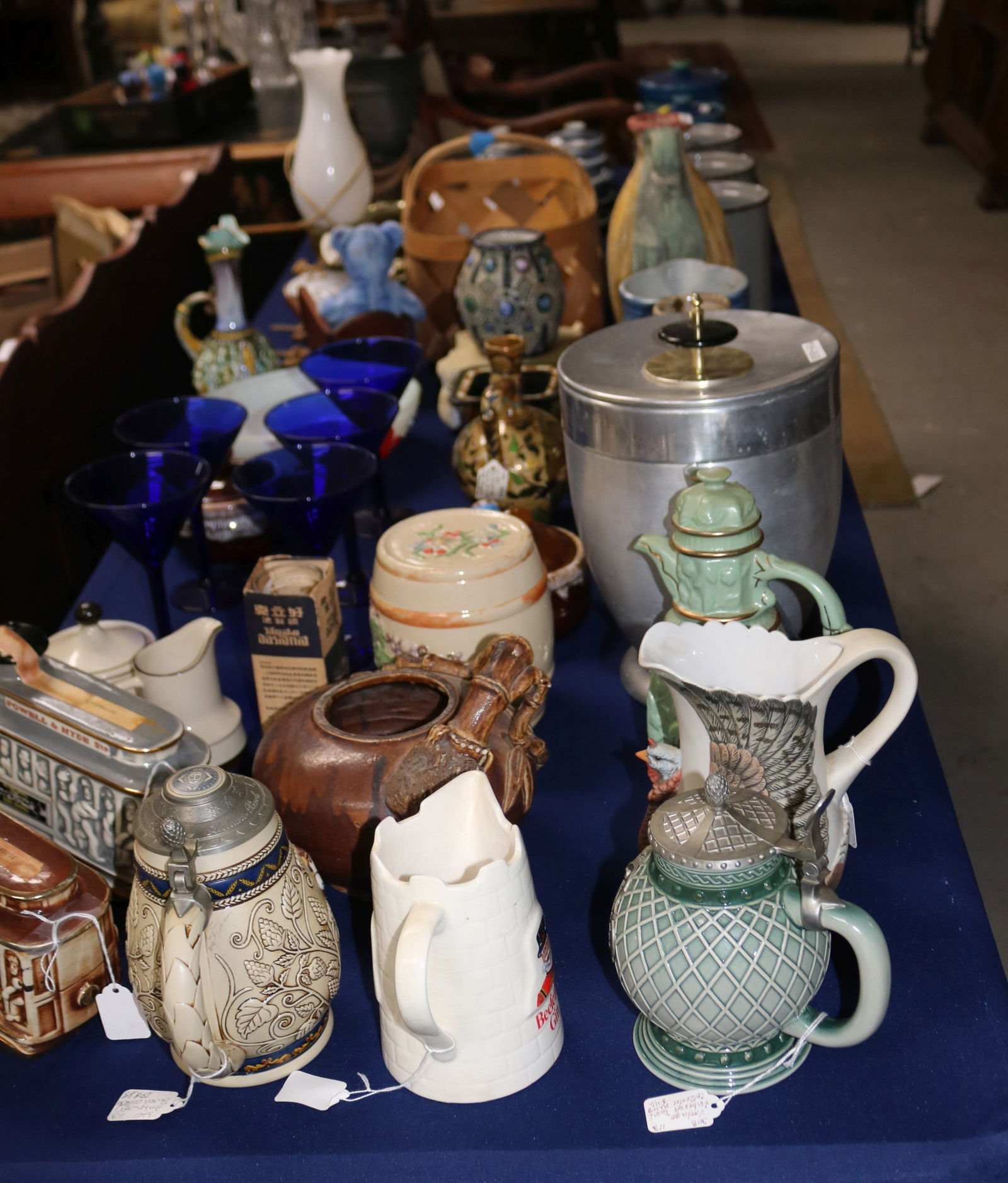 8' TABLE LOT OF 52 ITEMS, STONEWARE, COBALT,: ETC.