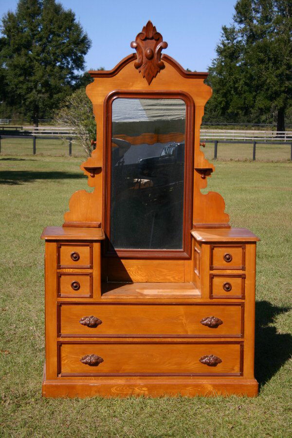 Vict Drop-well Dresser w/ Mirror: Victorian Chestnut and Walnut Drop-well Dresser with Mirror, 7'H, 4'W, 18"D