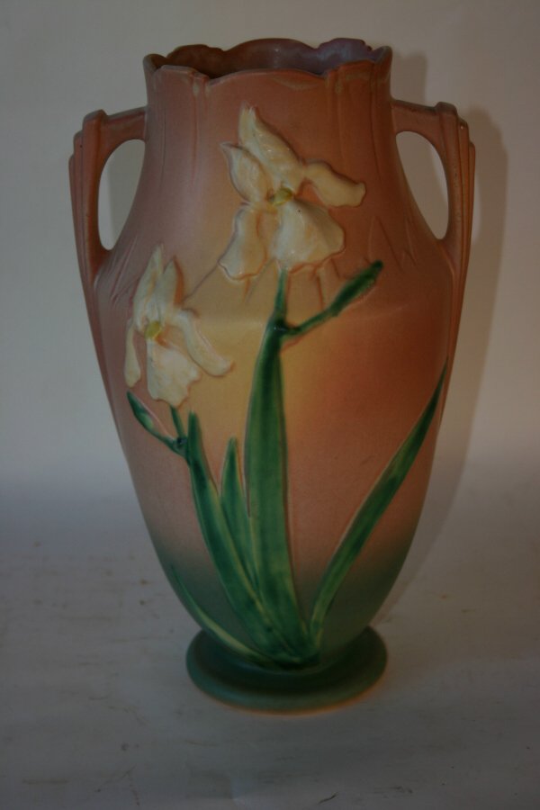 Roseville Iris Vase: Roseville Double Handled Vase, Iris, 15"H